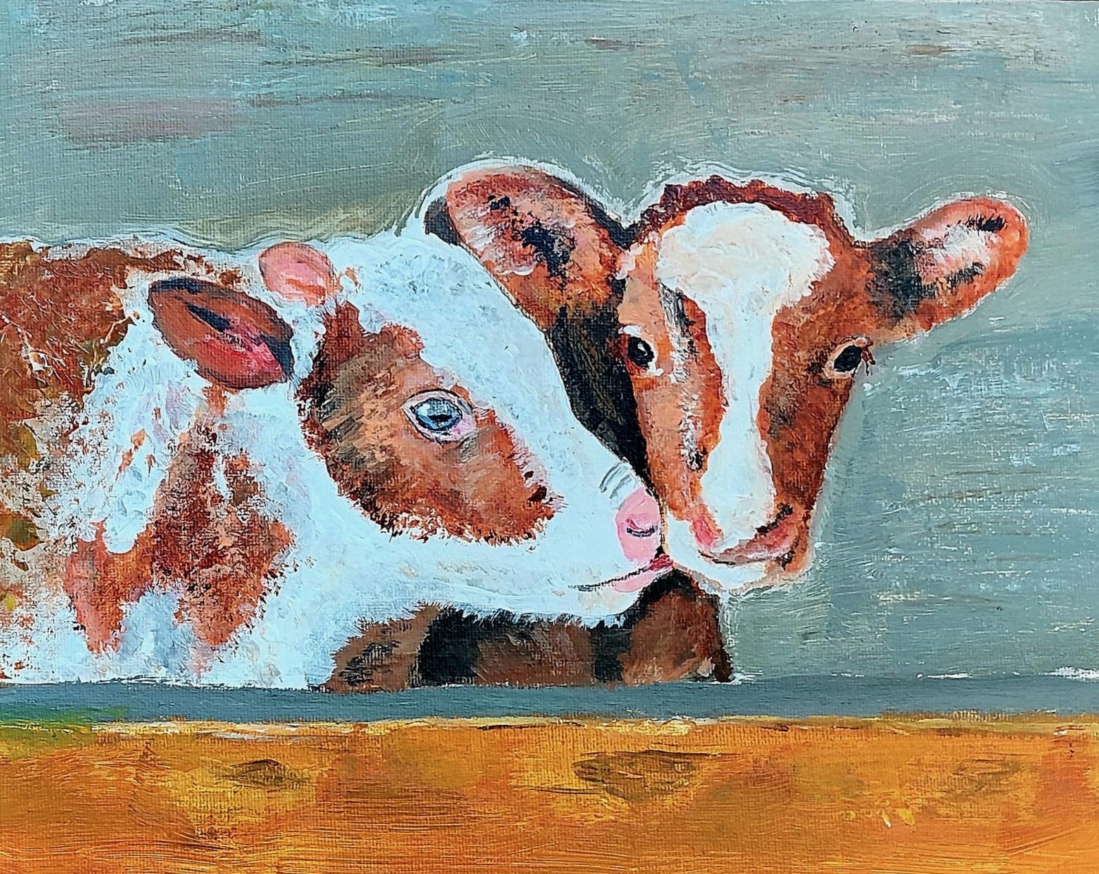 Etalage Westerstraat; 'Kalverliefde' - 2024 - Acryl - 30 x 24 cm; Carla Jansen