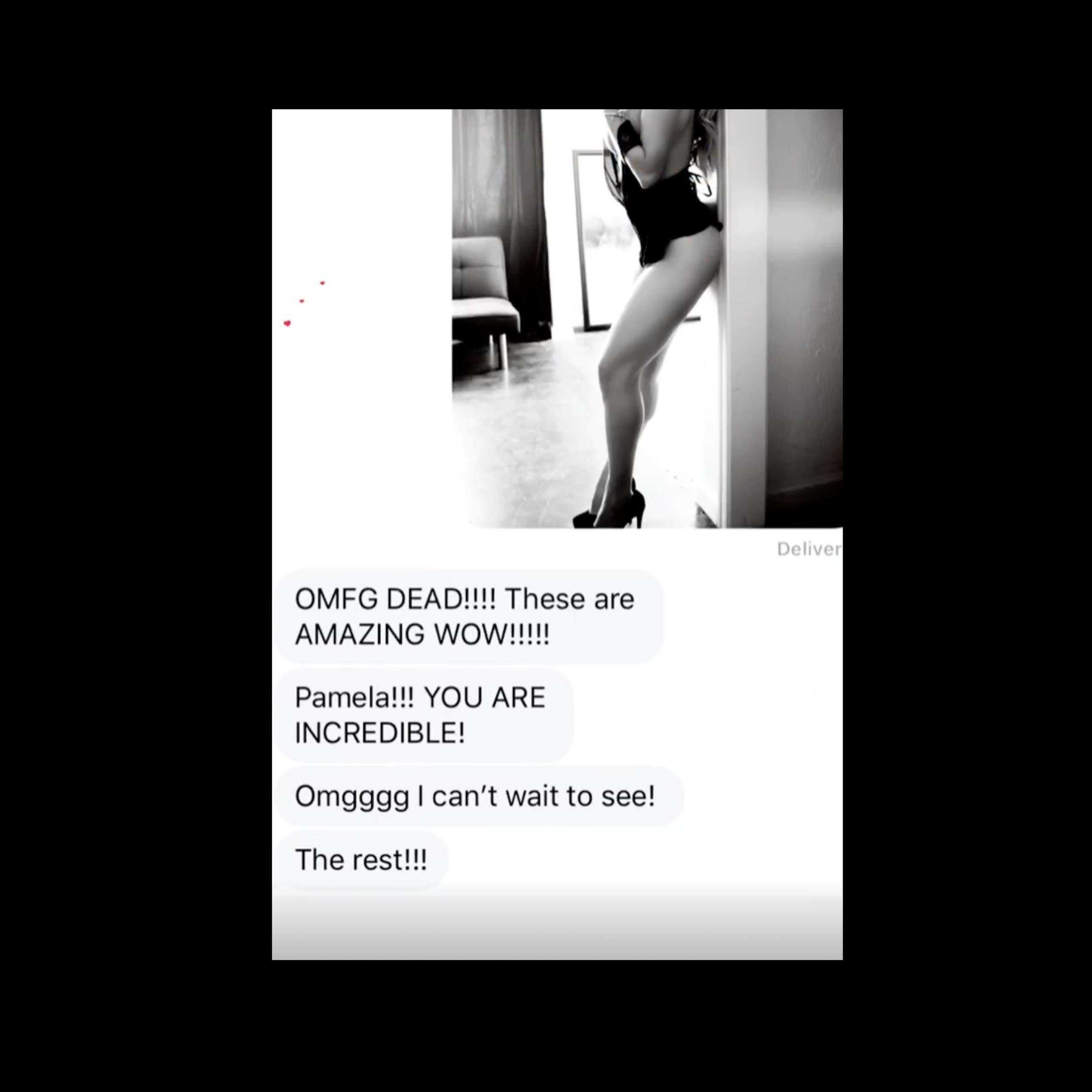Black and white photo of a person in a bodysuit posing against a wall, paired with enthusiastic text messages praising the image.