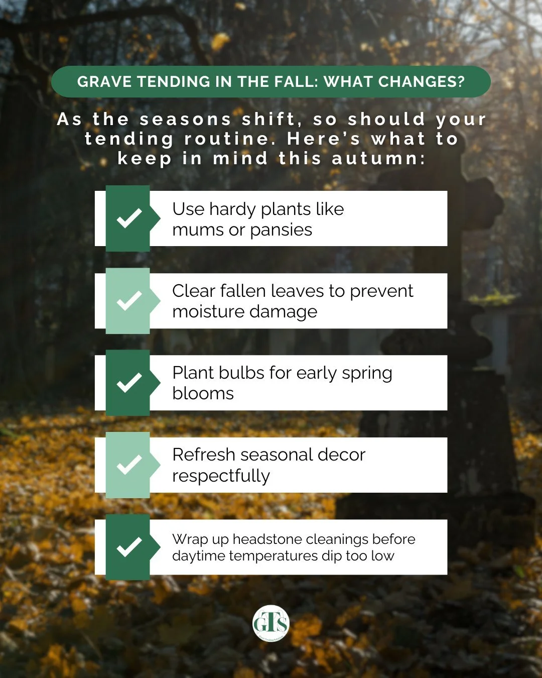 🍂 Caring for a loved one&rsquo;s resting place changes with the seasons. Fall brings cooler temps, colorful blooms, and a few extra steps to keep gravesites beautiful and protected through the months ahead. From choosing hardy flowers to clearing le