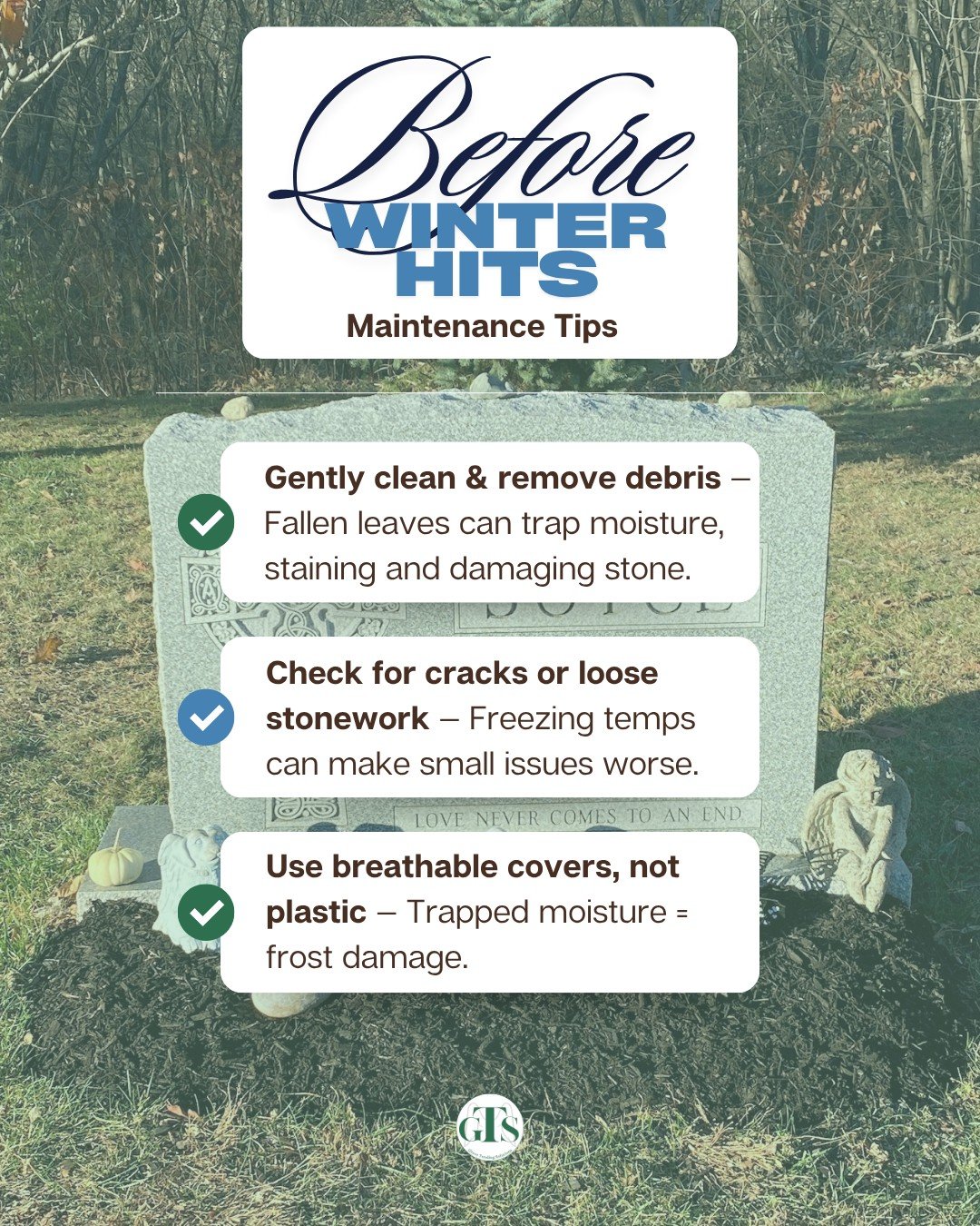 Preparing the Site for Winter ❄️
As the season changes, a little care now keeps the space peaceful and well-tended until spring.

🌿 Remove annuals and clear debris &mdash; This prevents trapped moisture and decay.
🌸 Cut back perennials as needed &m