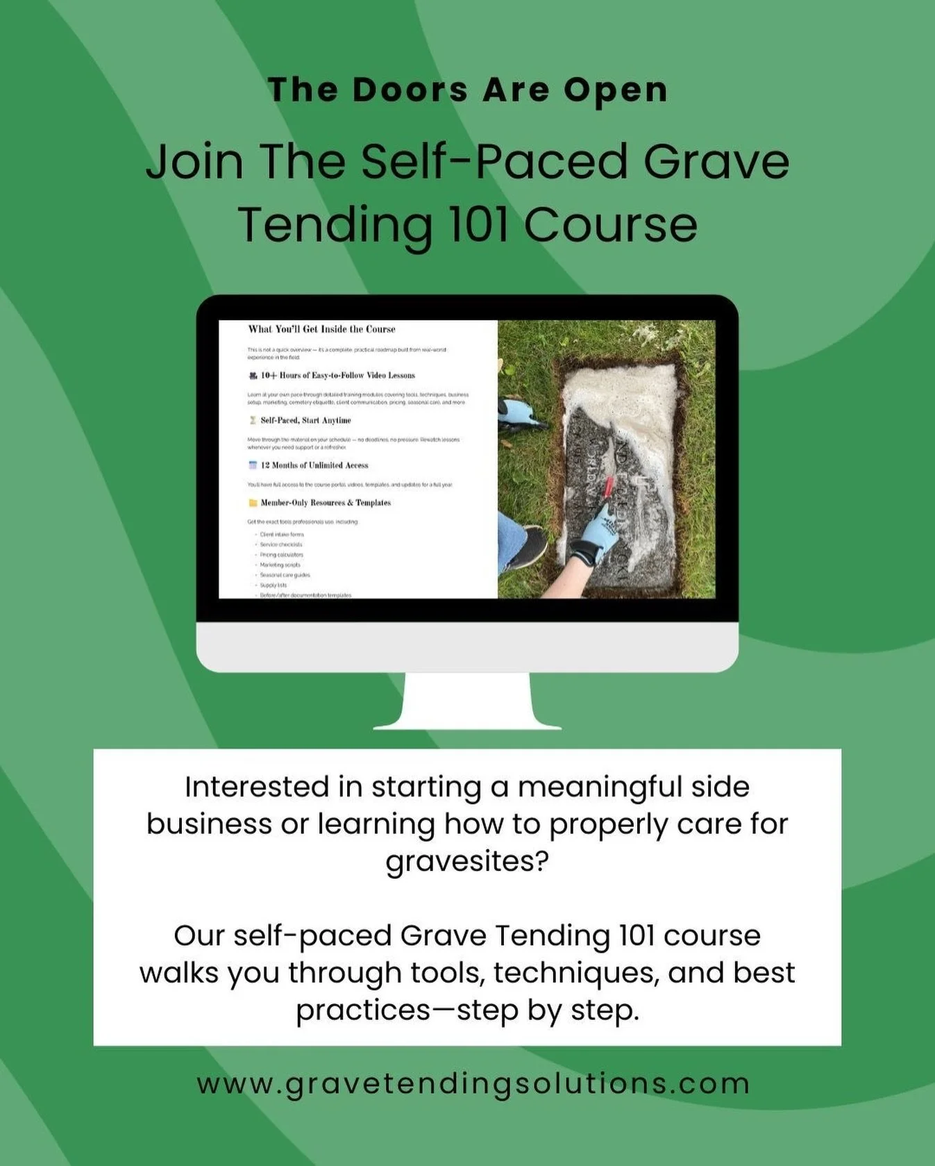 You asked, we listened 🕊️ 

Our self-paced virtual course is NOW available for purchase! Enjoy over 10+ hours of easy-to-follow educational content focused on best practices to start your grave care business! 

The course offers unlimited access to 