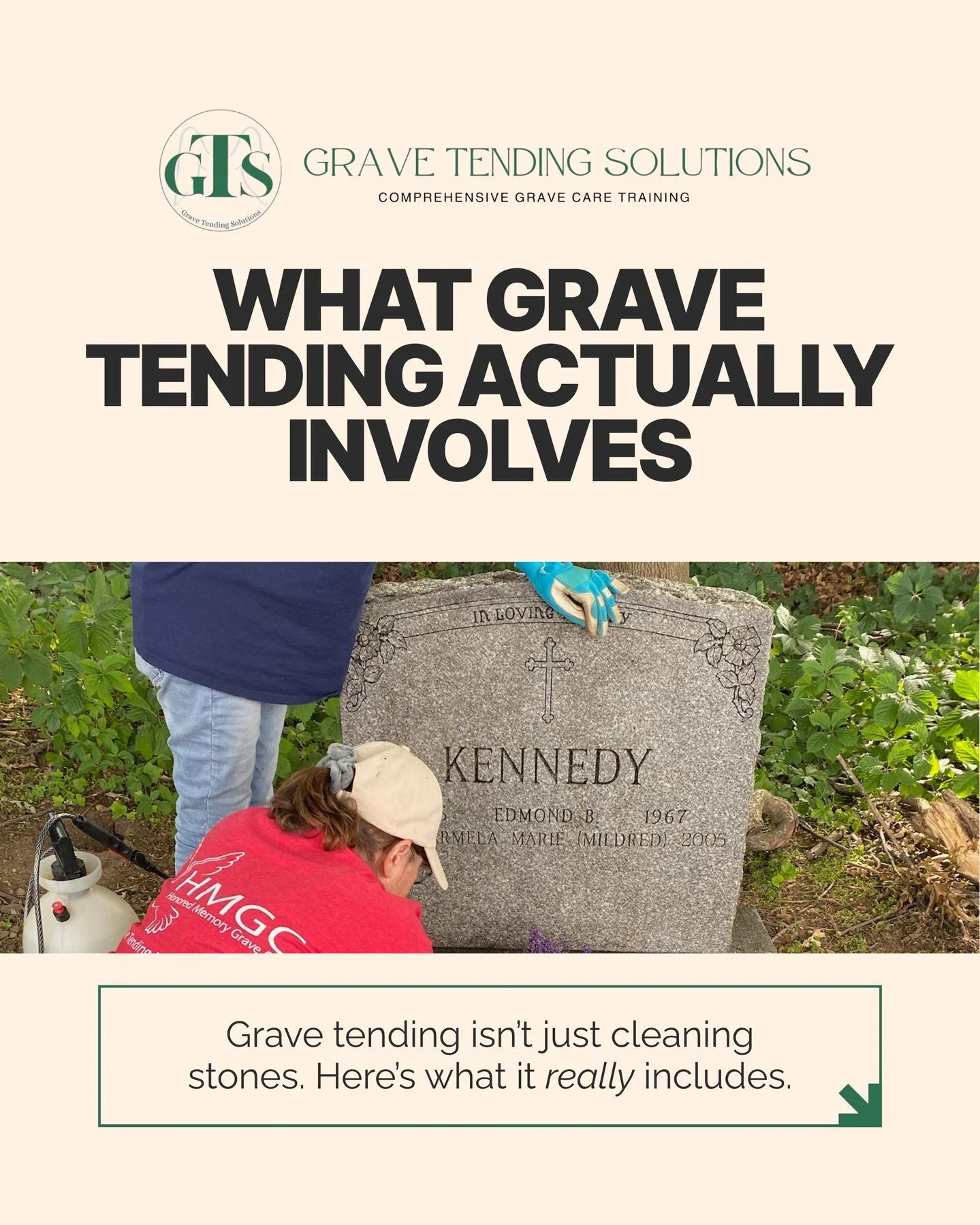Most people think grave tending is just cleaning a headstone and dropping off some flowers. In reality, the scope is bigger than that, limited only by your imagination... and cemetery regulations.

Swipe to see what grave tending actually involves, a