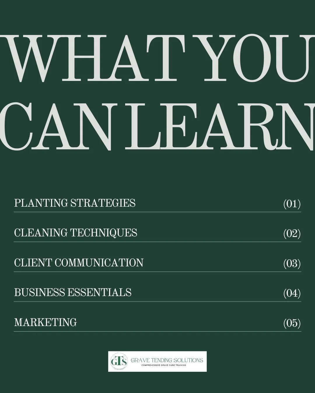 Good intentions will get you part of the way, but it takes the right knowledge to run a successful grave tending business!

With Grave Tending Solutions, you will learn how to clean and plant at a gravesite, connect and communicate with clients, and 