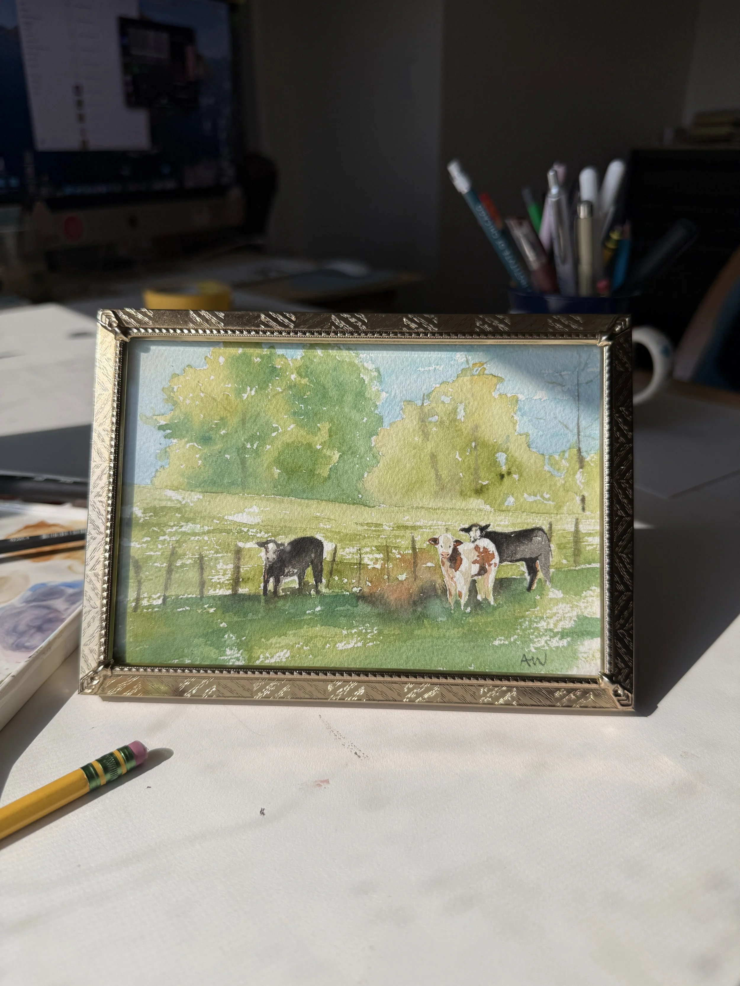 Mini Original Watercolor | Farm Scene | 5x7 | Vintage Gold Frame