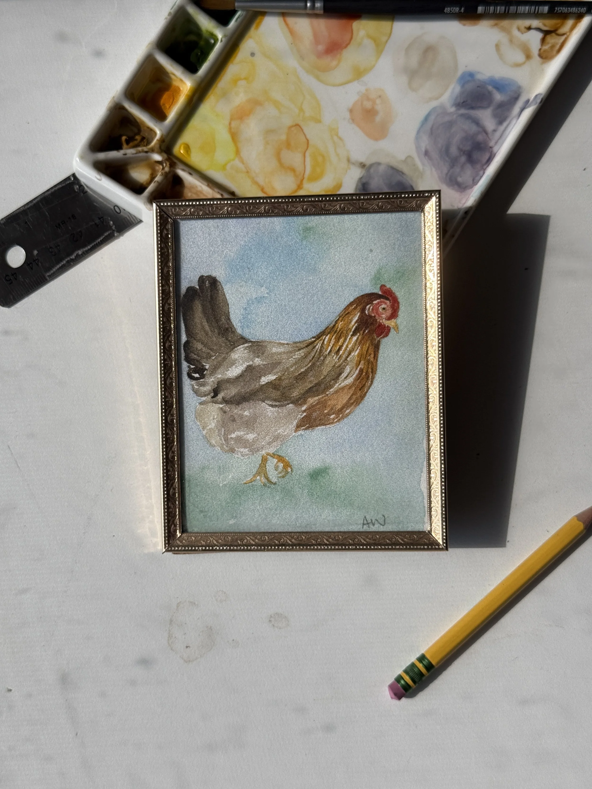 Mini Original Watercolor | Brown Leghorn Chicken | 4x6 | Vintage Gold Frame