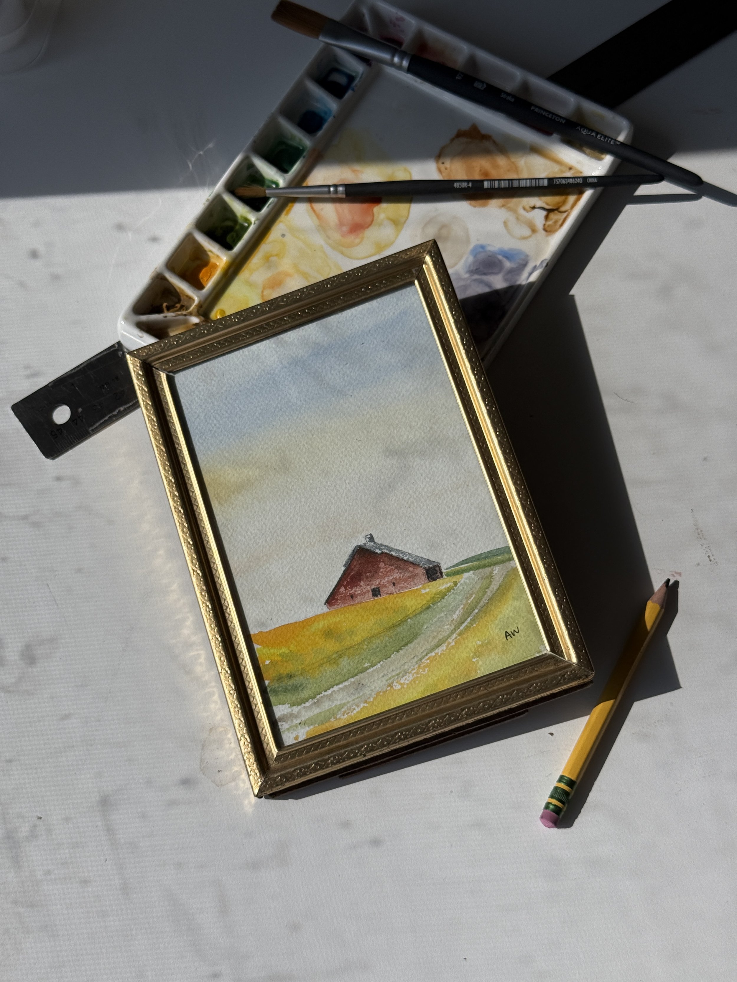 Mini Original Watercolor | Farm Scene | 5x7 | Vintage Gold Frame