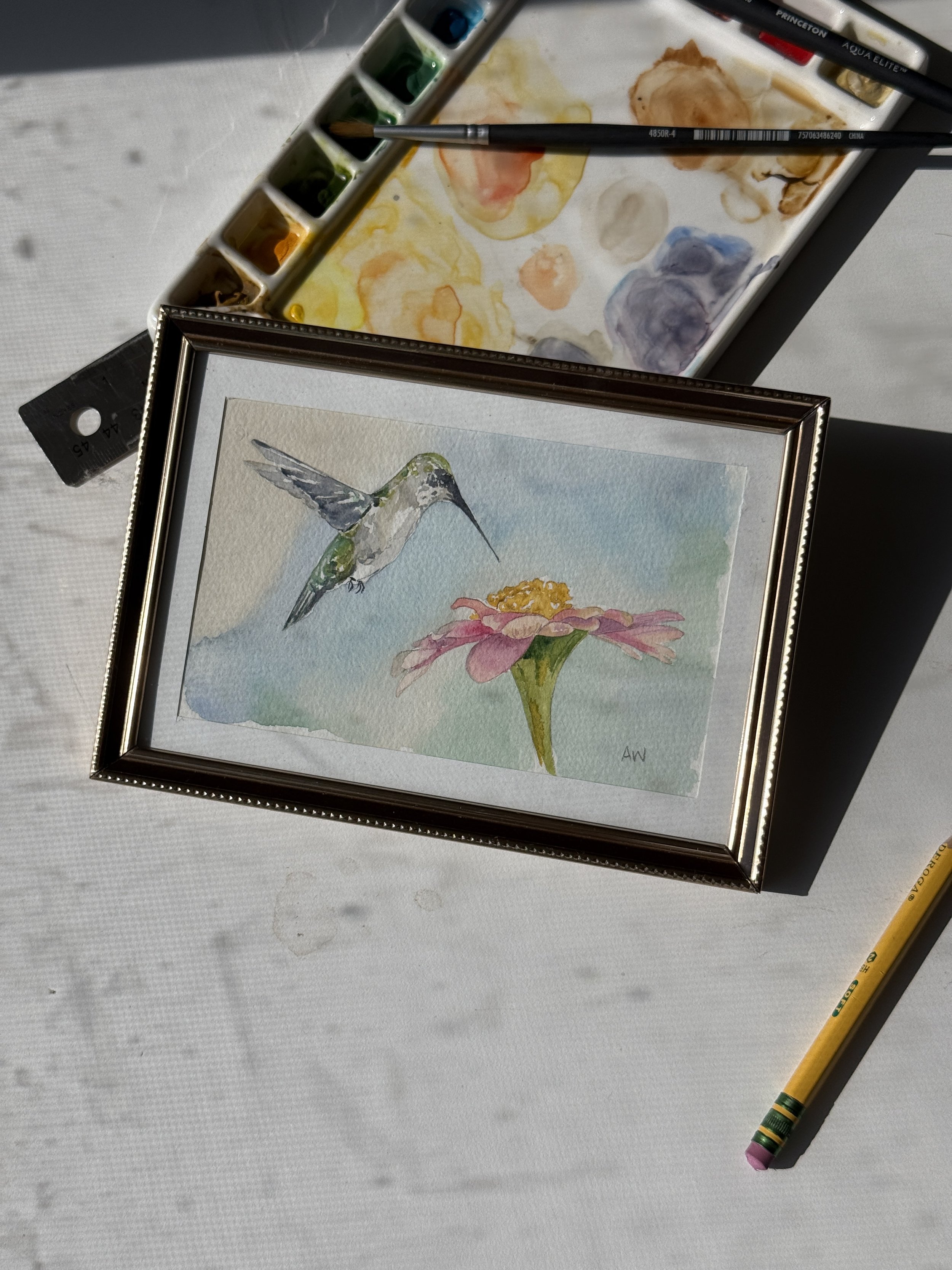 Mini Original Watercolor | Hummingbird & Flower | 5x7 | Vintage Gold Frame