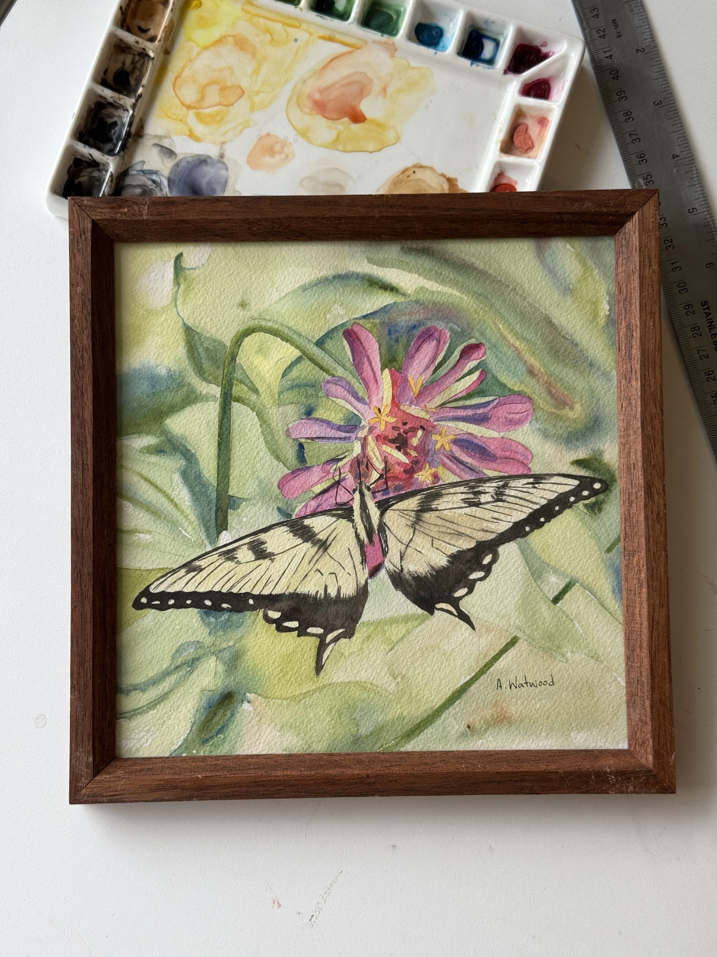 *Original  "Only for You" | Yellow Butterfly Watercolor Painting | 9x9 | Handmade Walnut Frame