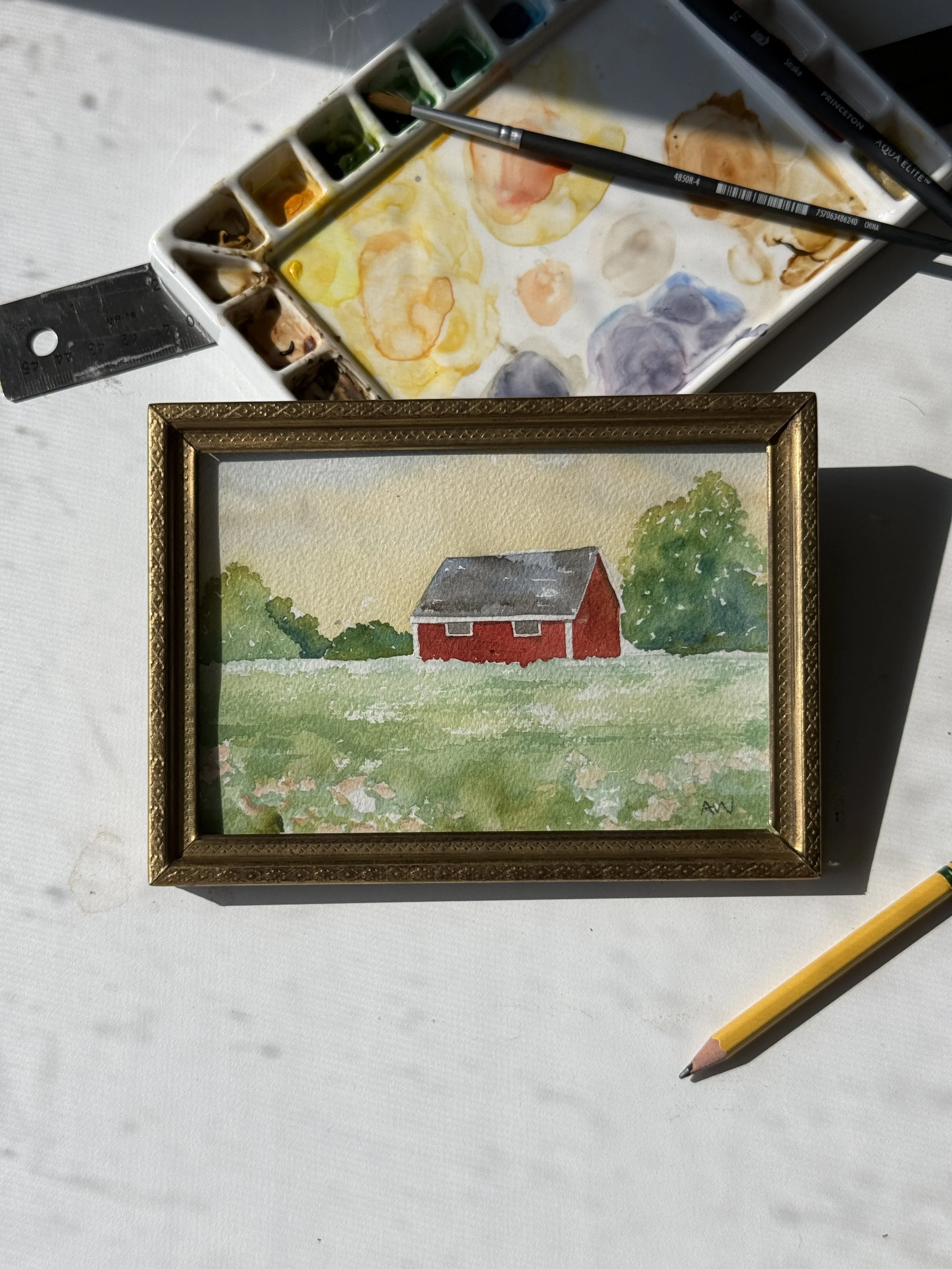 Mini Original Watercolor | Farm Scene | 5x7 | Vintage Gold Frame