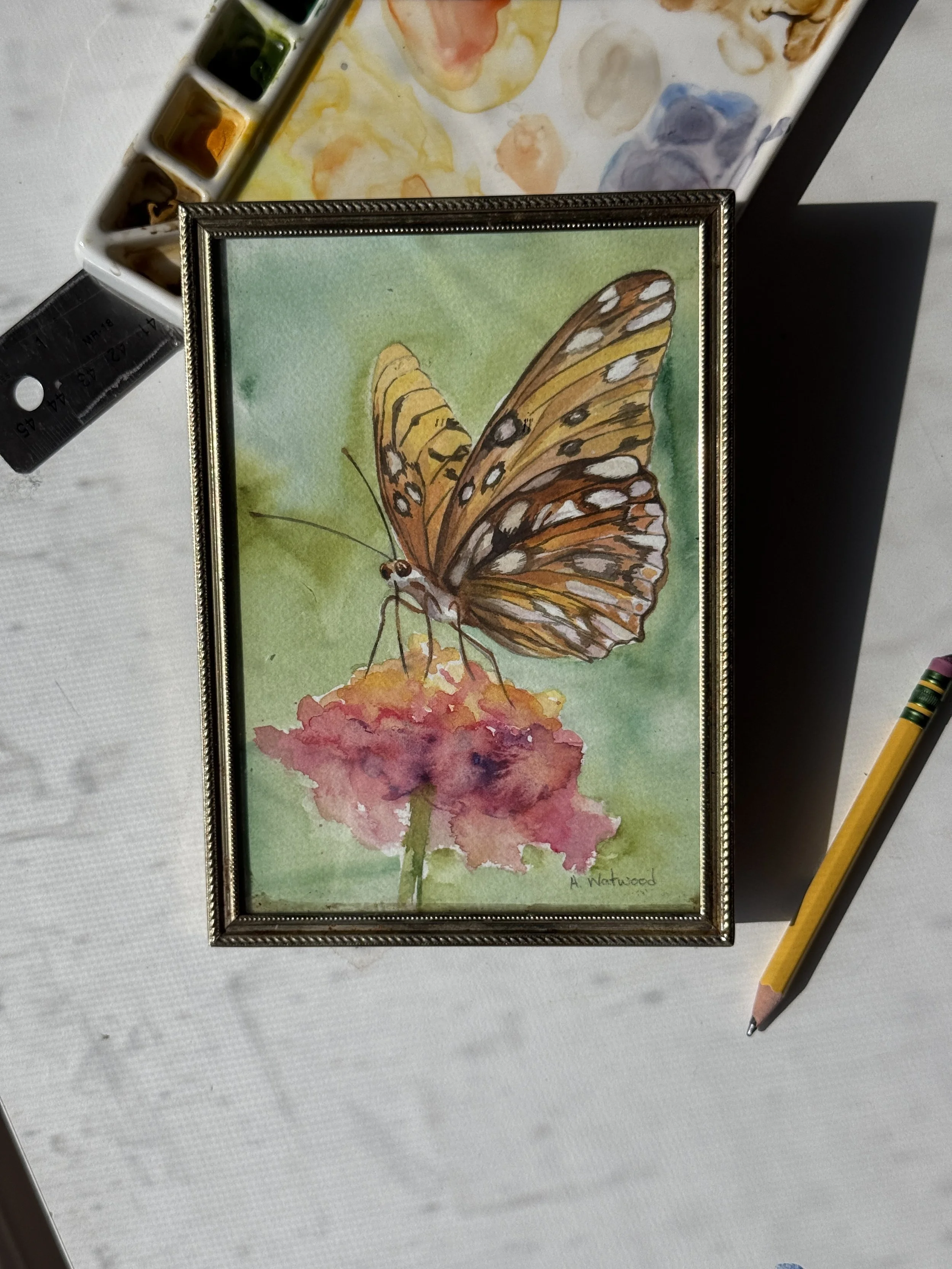 Mini Original Watercolor | Butterfly on Flower | 5x7 | Vintage Gold Frame