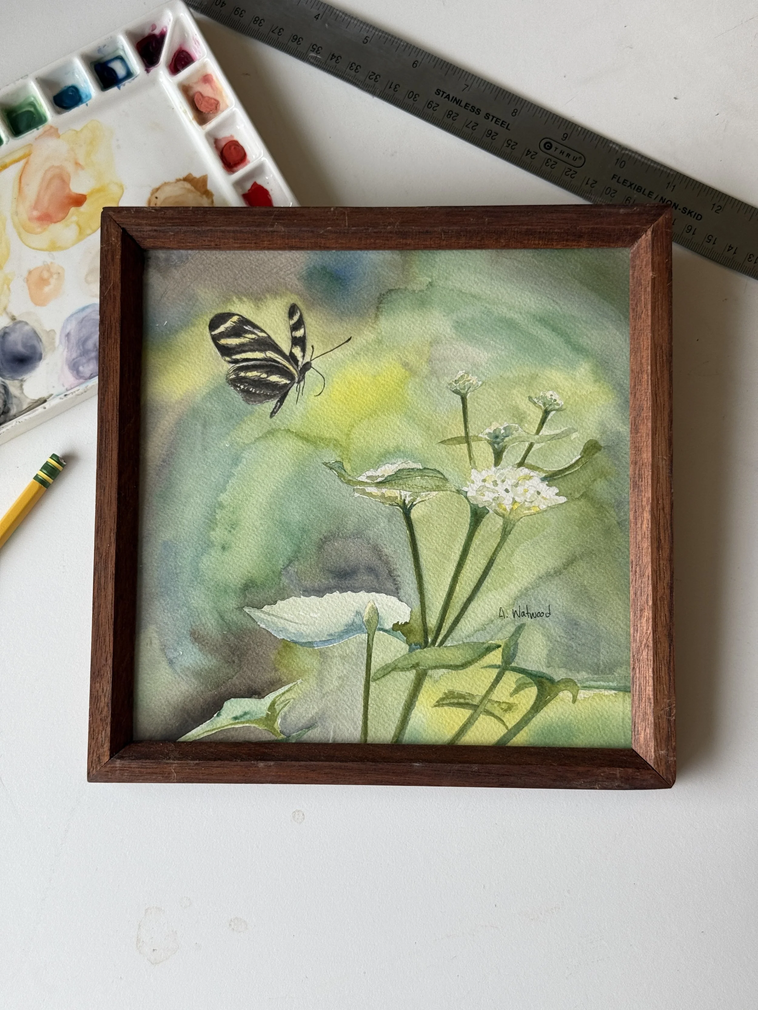 *Original  "A Garden View" | Butterfly with Hydrangeas Watercolor Painting | 9x9 | Handmade Walnut Frame