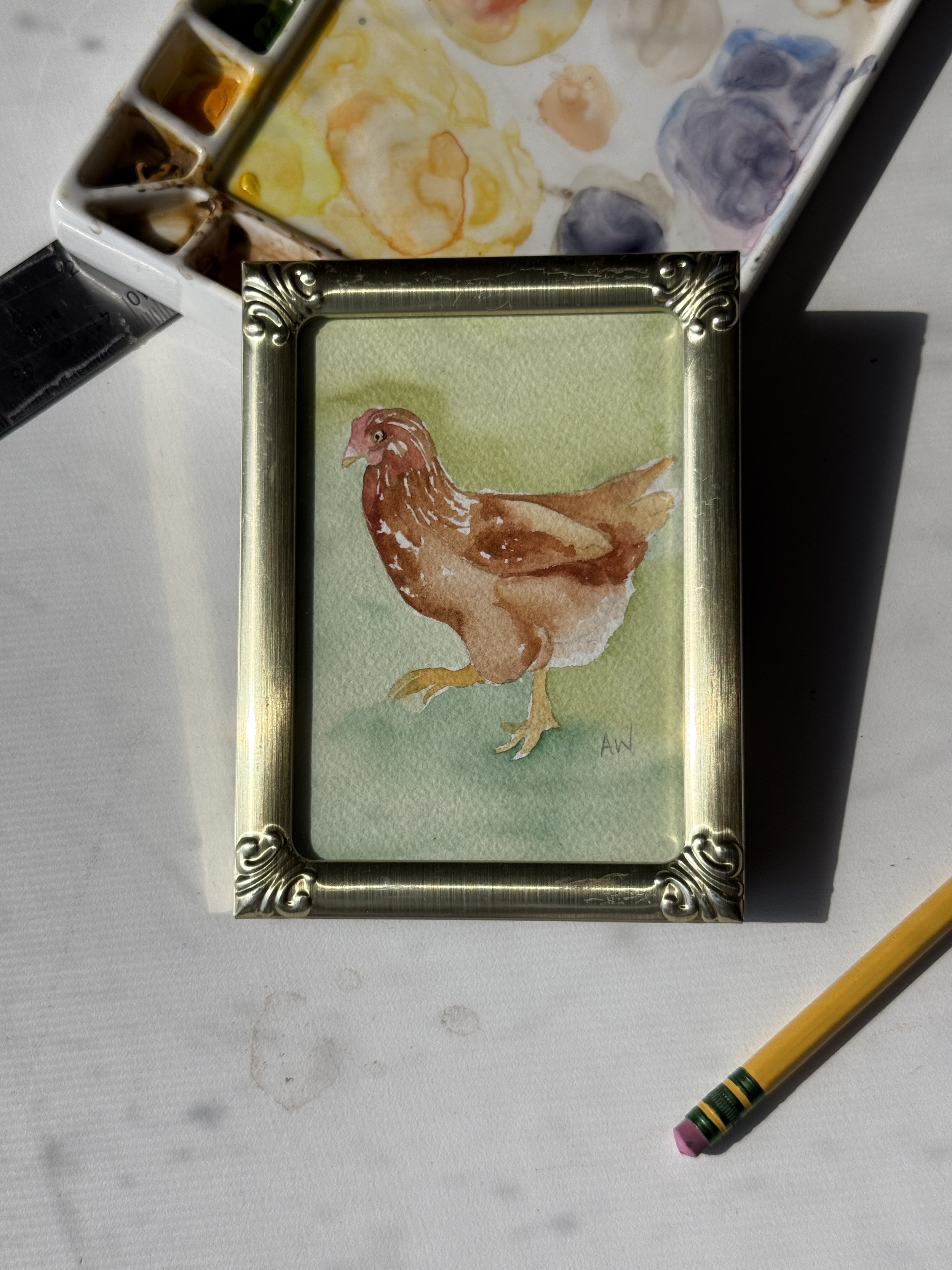 Mini Original Watercolor | Golden Comet Chicken | 4x5 | Vintage Gold Frame