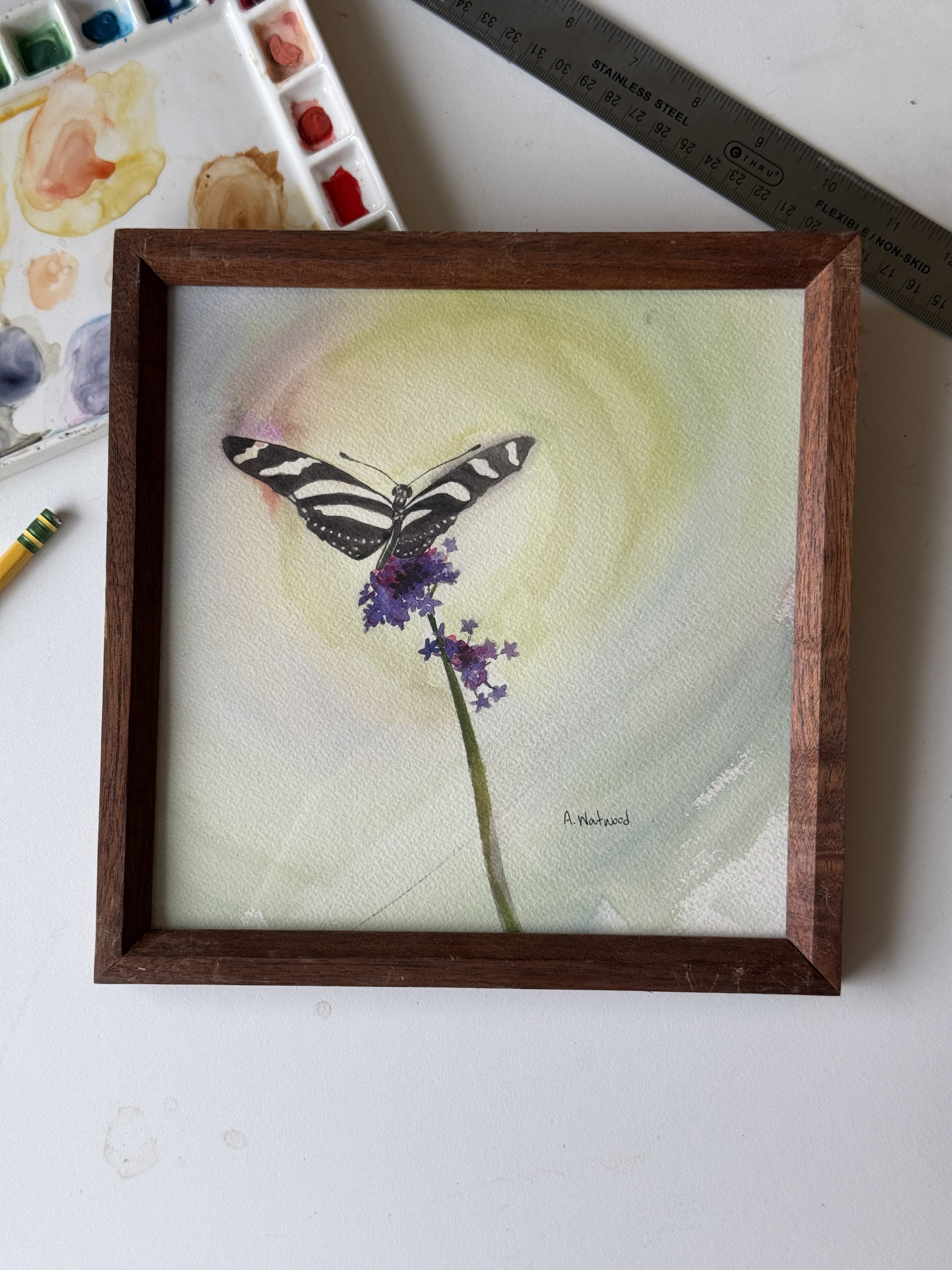 *Original  "A Place to Rest" | Butterfly on Purple Flowers Watercolor Painting | 9x9 | Handmade Walnut Frame