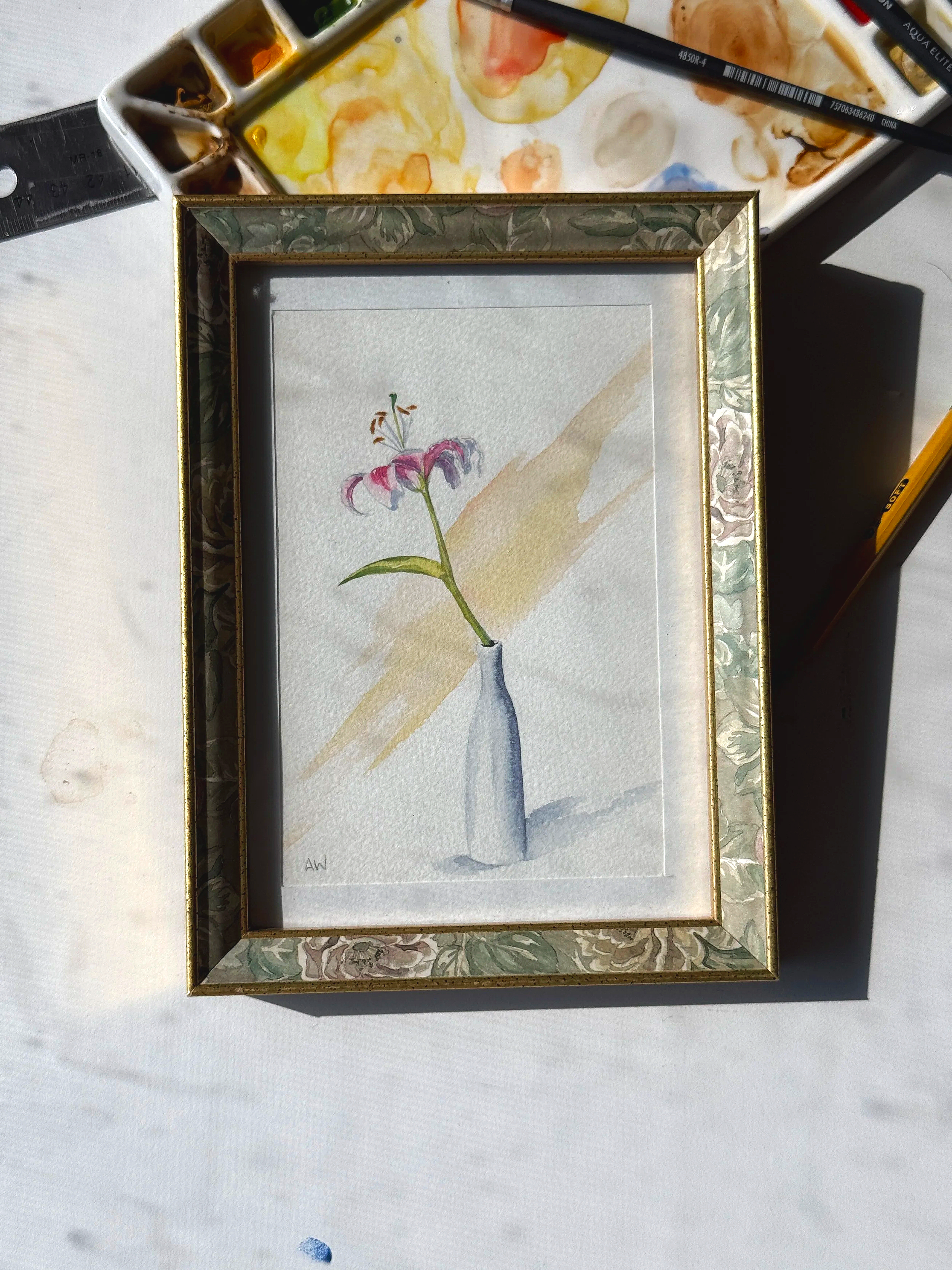 Mini Original Watercolor | Lily in Vase | 5x7 | Vintage Gold Frame