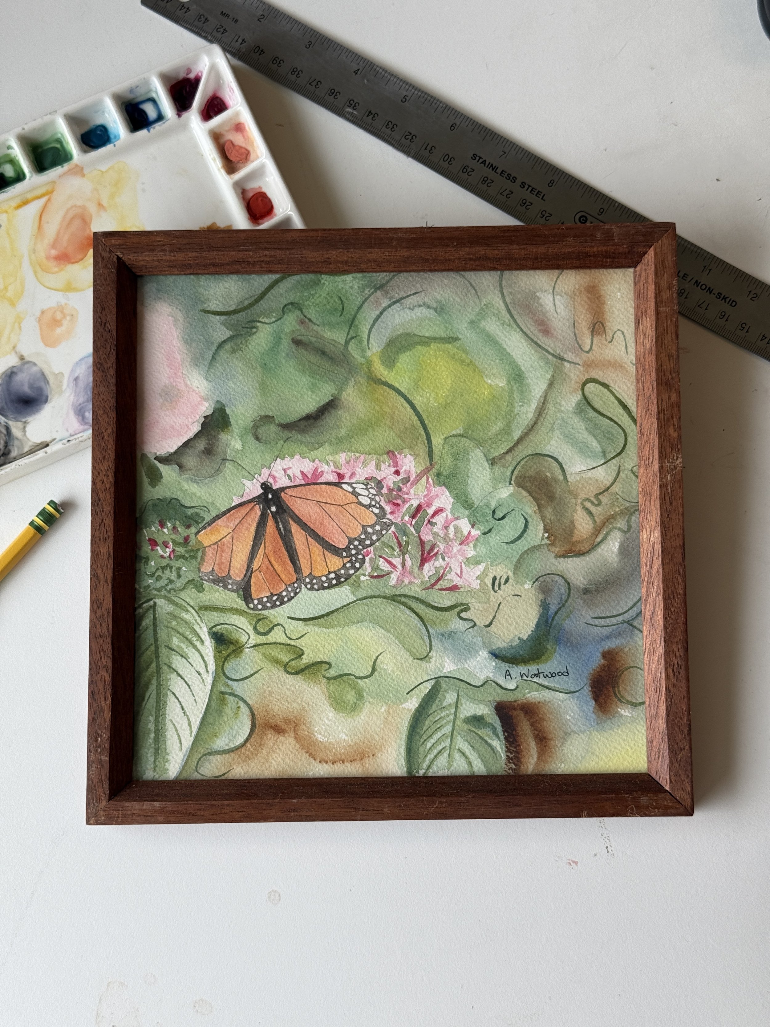 *Original  "Fleeting" | Monarch Butterfly Watercolor Painting | 9x9 | Handmade Walnut Frame