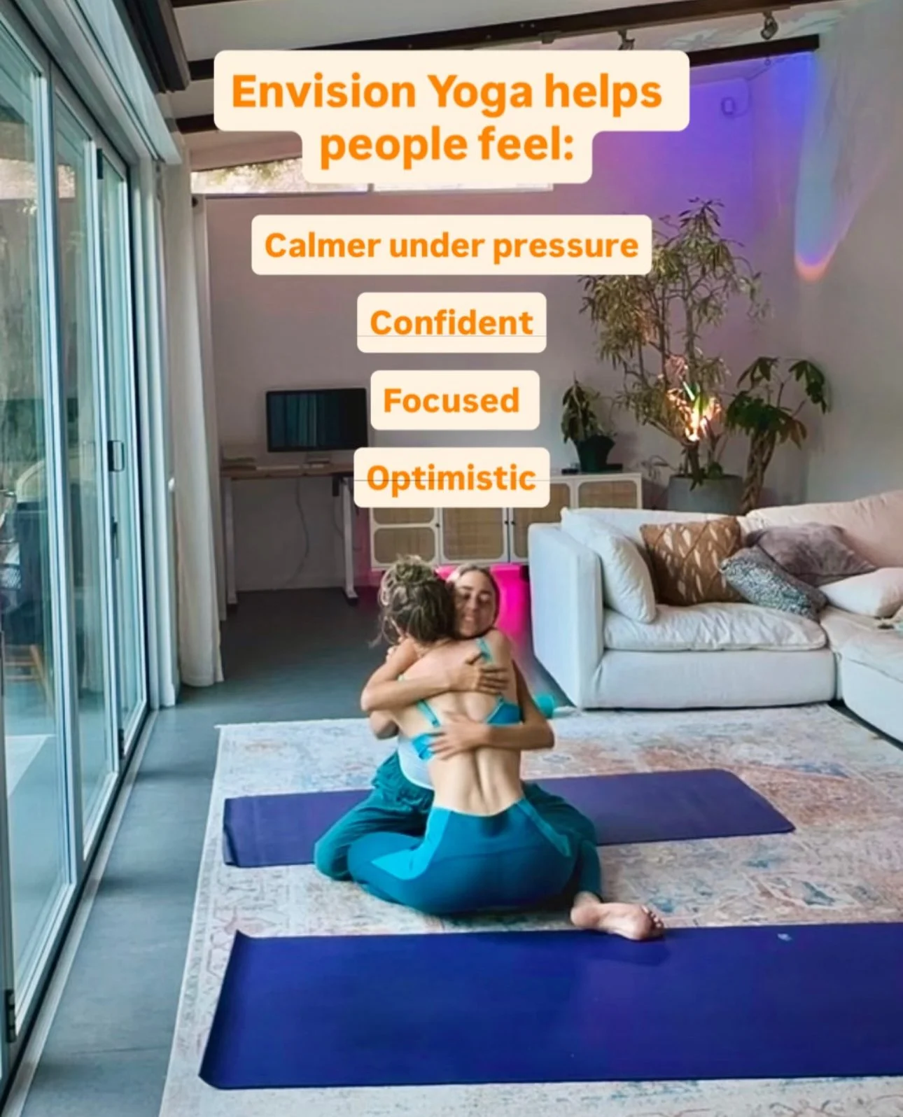 A woman with long red curly hair practicing yoga on a rooftop in a cityscape under a bright sun, in a yoga pose with her body bent backward and hands holding her feet. Text overlay reads, 'I became a yoga instructor to try to heal myself and others.'