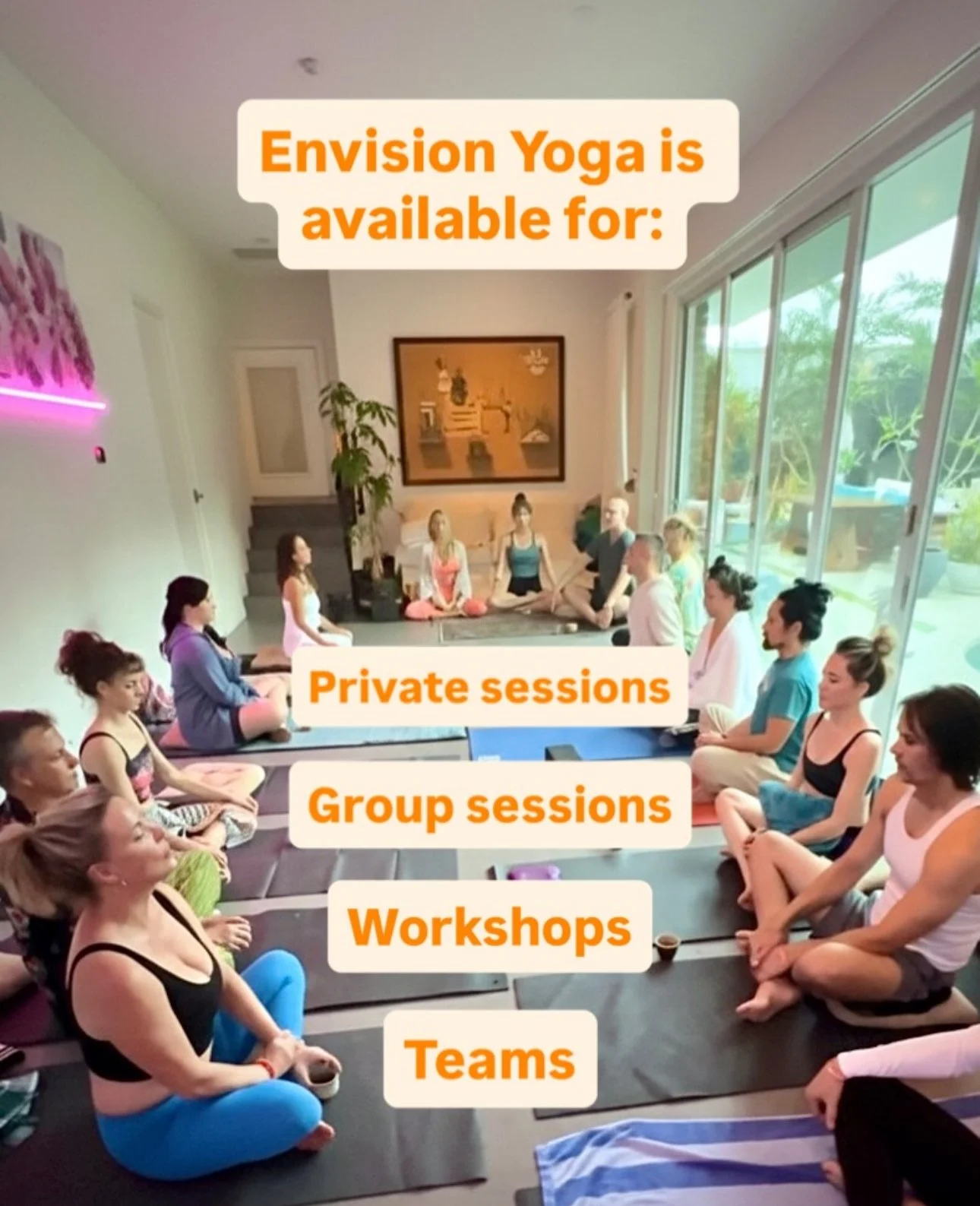 Two people hugging in what appears to be a cozy attic room, with a third woman standing nearby wearing swimsuit and a wrap, and a speech bubble with humorous text overlaid on the image.