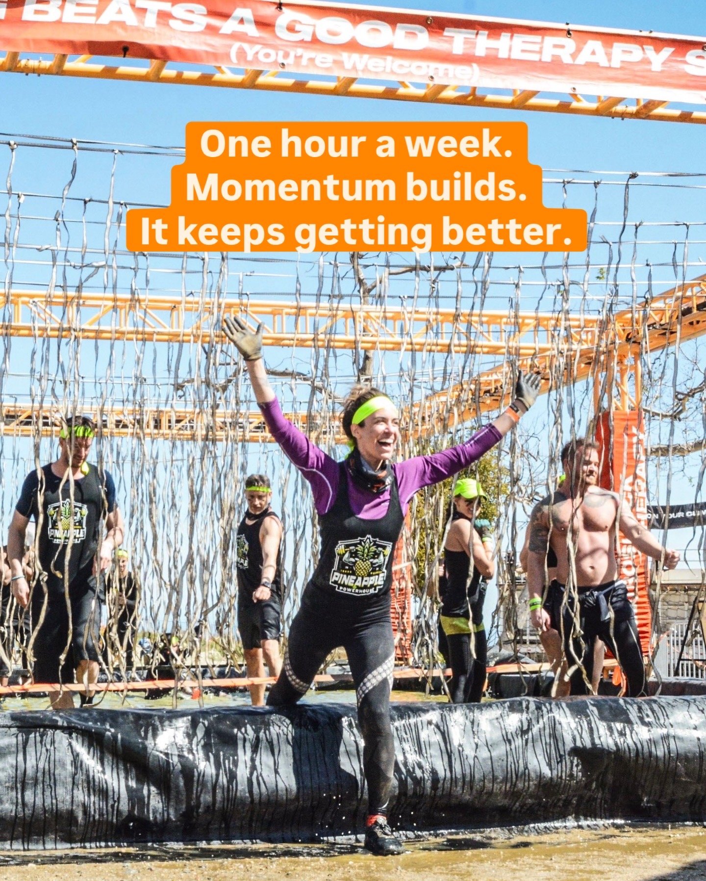 A woman standing outdoors in a forested area, smiling and pointing near a rainbow in the sky, with speech bubbles indicating she found EMDR therapy and improved PTSD symptoms, celebrating her freedom from nightmares and flashbacks.