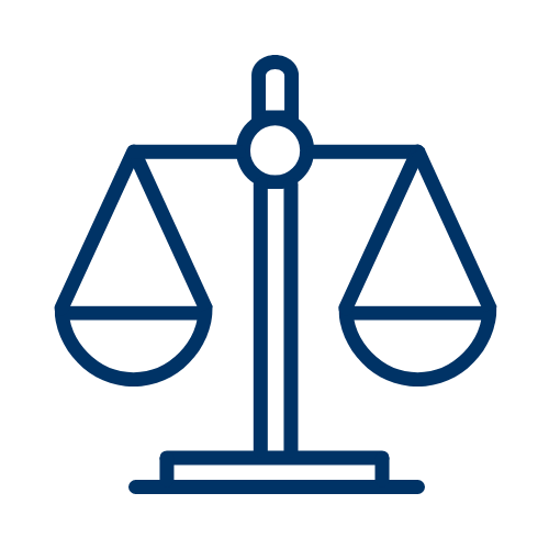 Outline of a balanced scale with two pans hanging from a central beam.