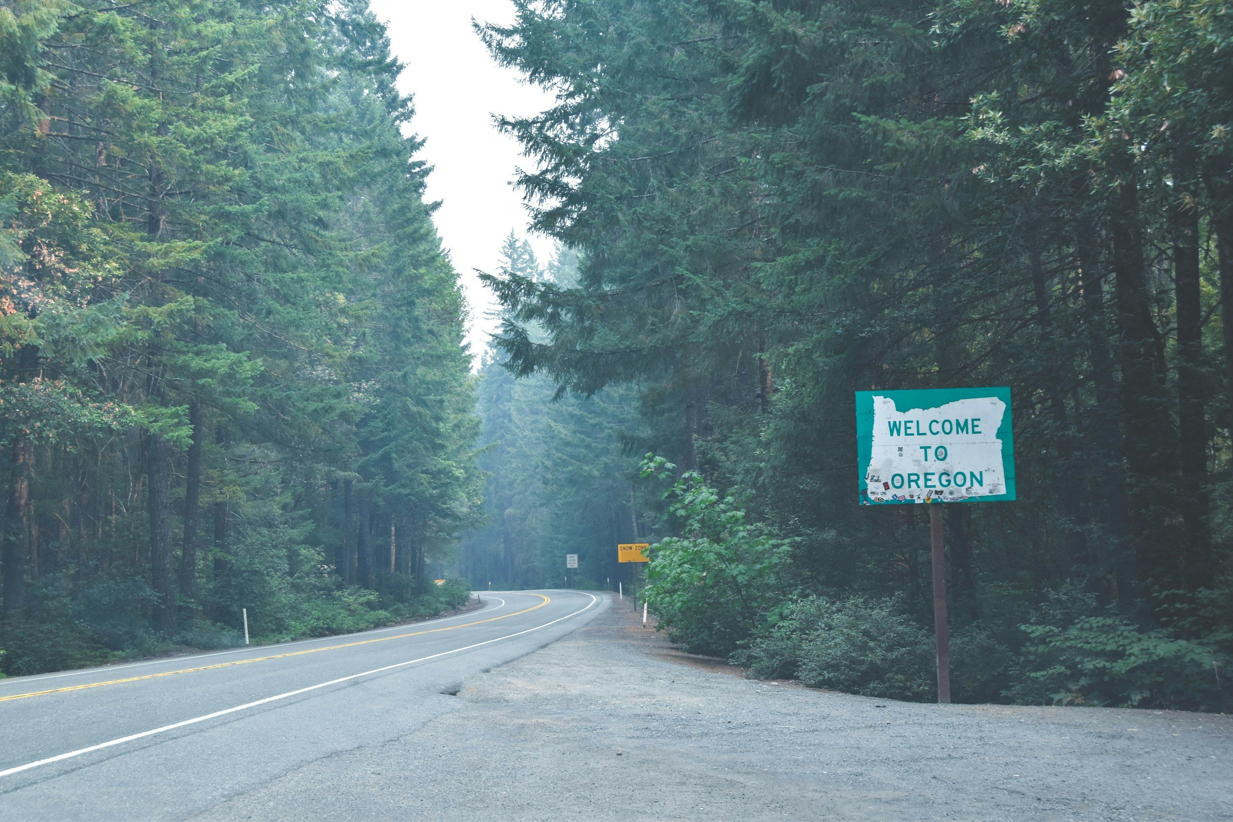 Forest road with 'Welcome to Oregon' sign, surrounded by tall, dense trees.