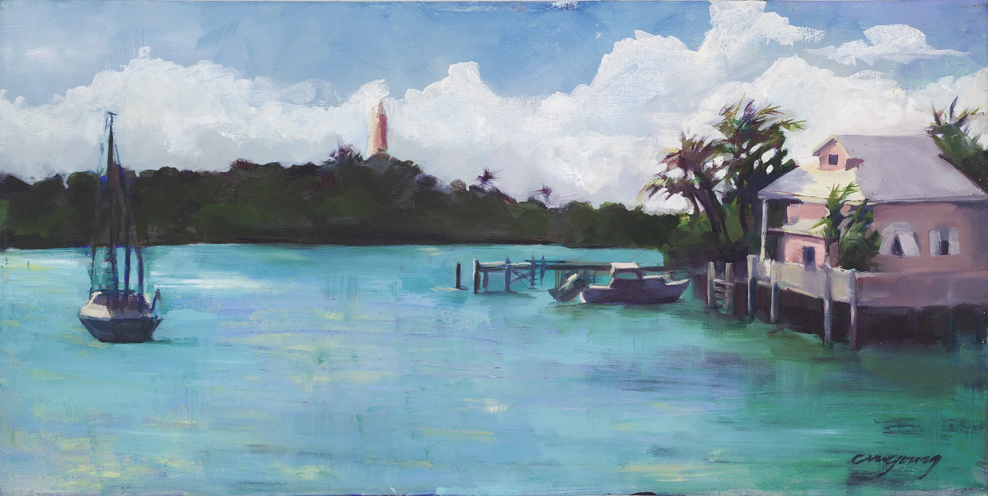"Harbour with Lighthouse" - (sold) oil on canvas, 12"x24"