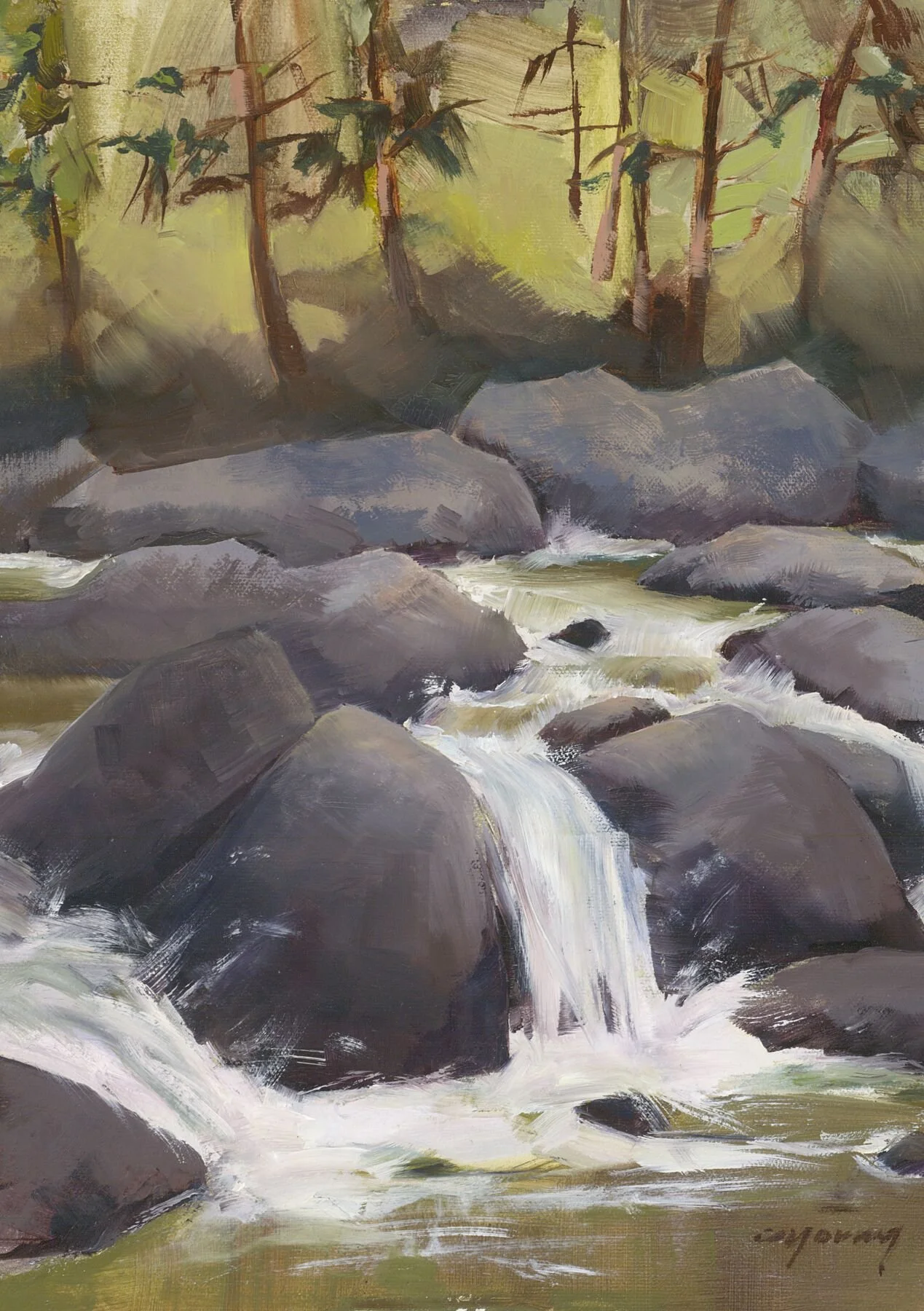 "Colorado Canyon Waterfall" (vertical), framed, oil on panel, 11x14" ($1,250)
