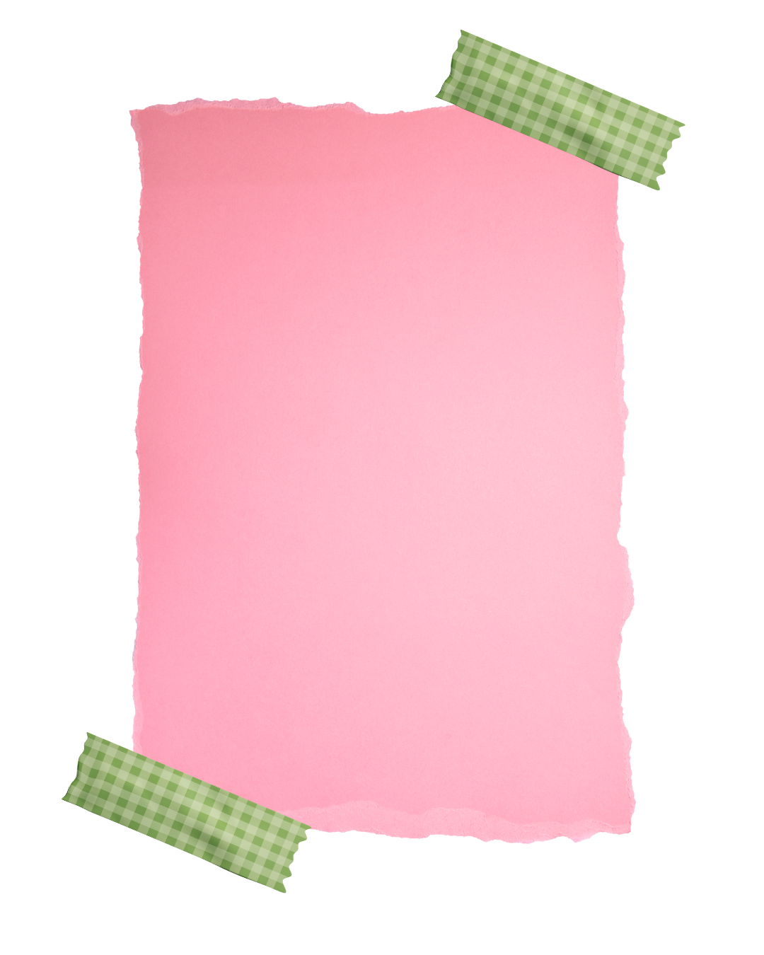Pink note paper taped with green checkered tape on top left and bottom right corners, with a green checkered notebook in the background.
