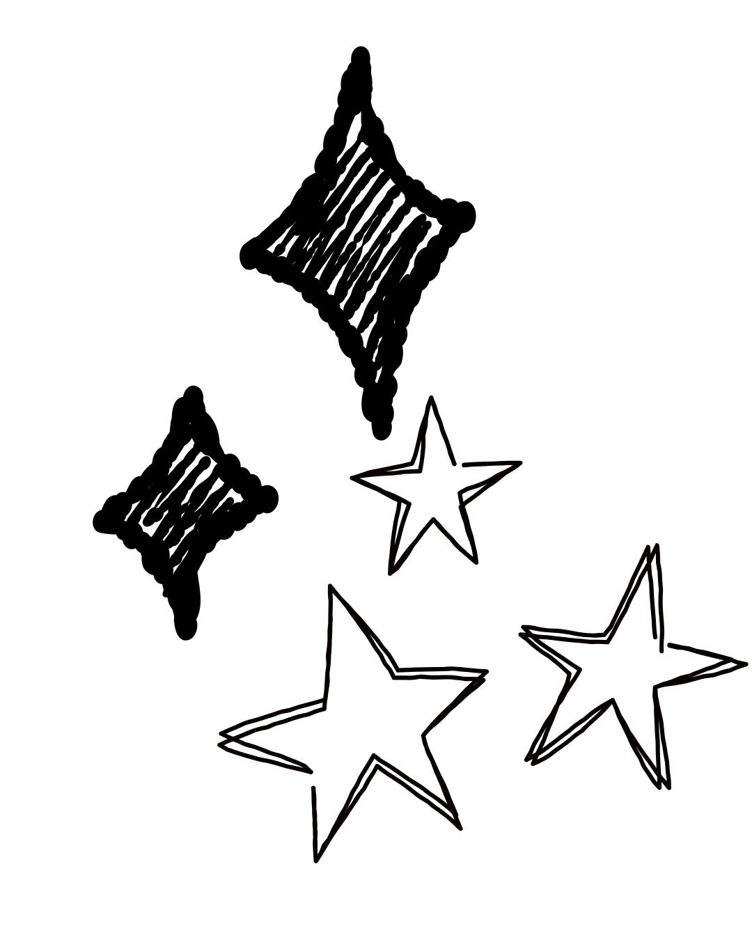 Black background with three outlined stars in red and a silhouette of a marionette puppet with stretched strings attached to its arms and legs.