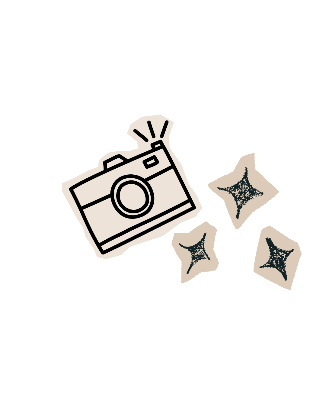 Cartoon illustration of a camera with a flash and three scattered star-shaped sparkles around it.