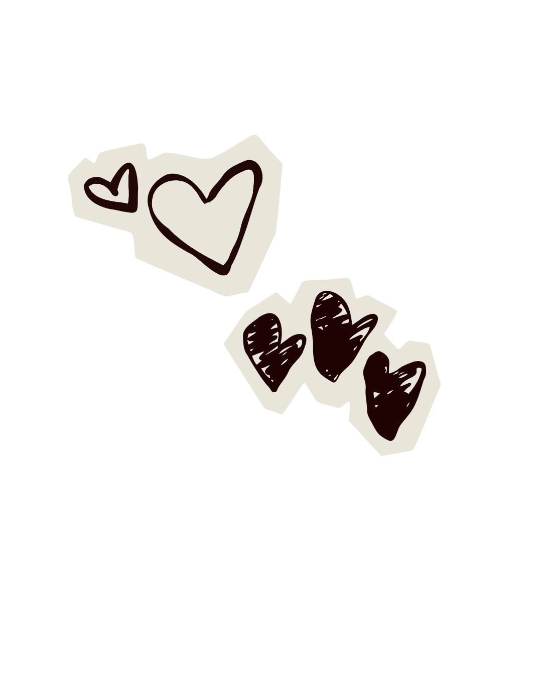 Hand-drawn hearts with black outlines on small white backgrounds, some filled in black, on a black background