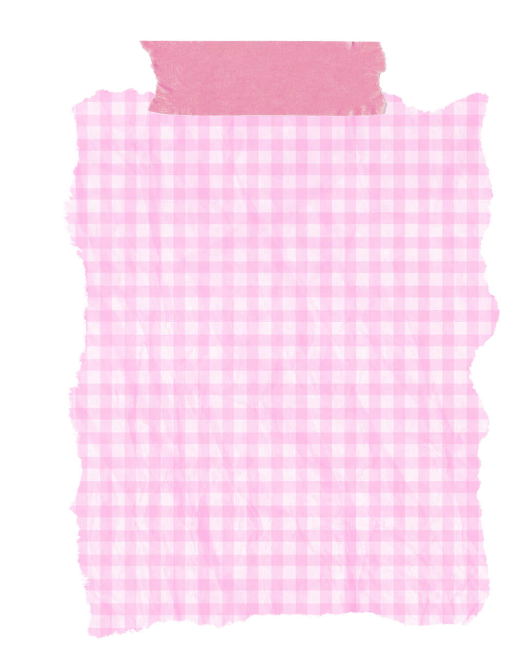 Pink gingham patterned paper with torn edges and a small pink paper strip at the top, set against a white background.