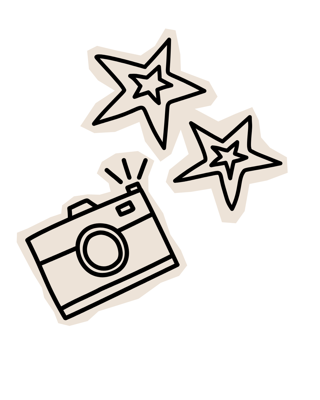 Line drawing of a vintage camera with two star-shaped gifts or decorations above it.