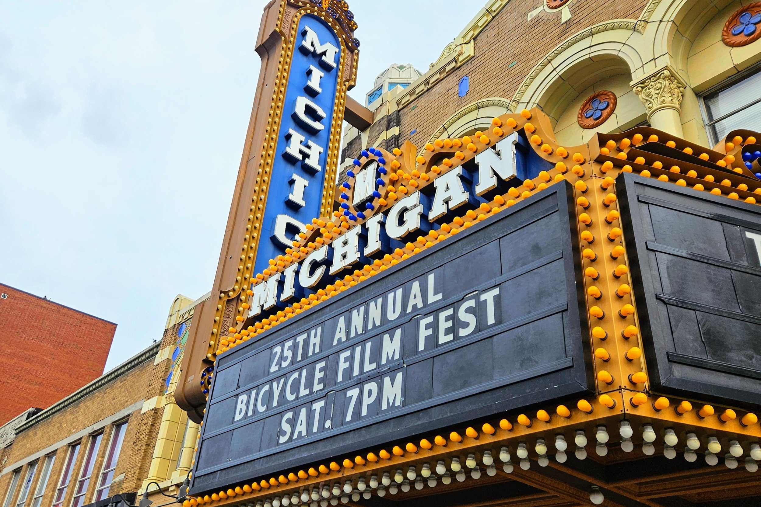 Michigan Theater Marquee with the words "25th Annual Bicycle Film Fest, Sat. 7PM"