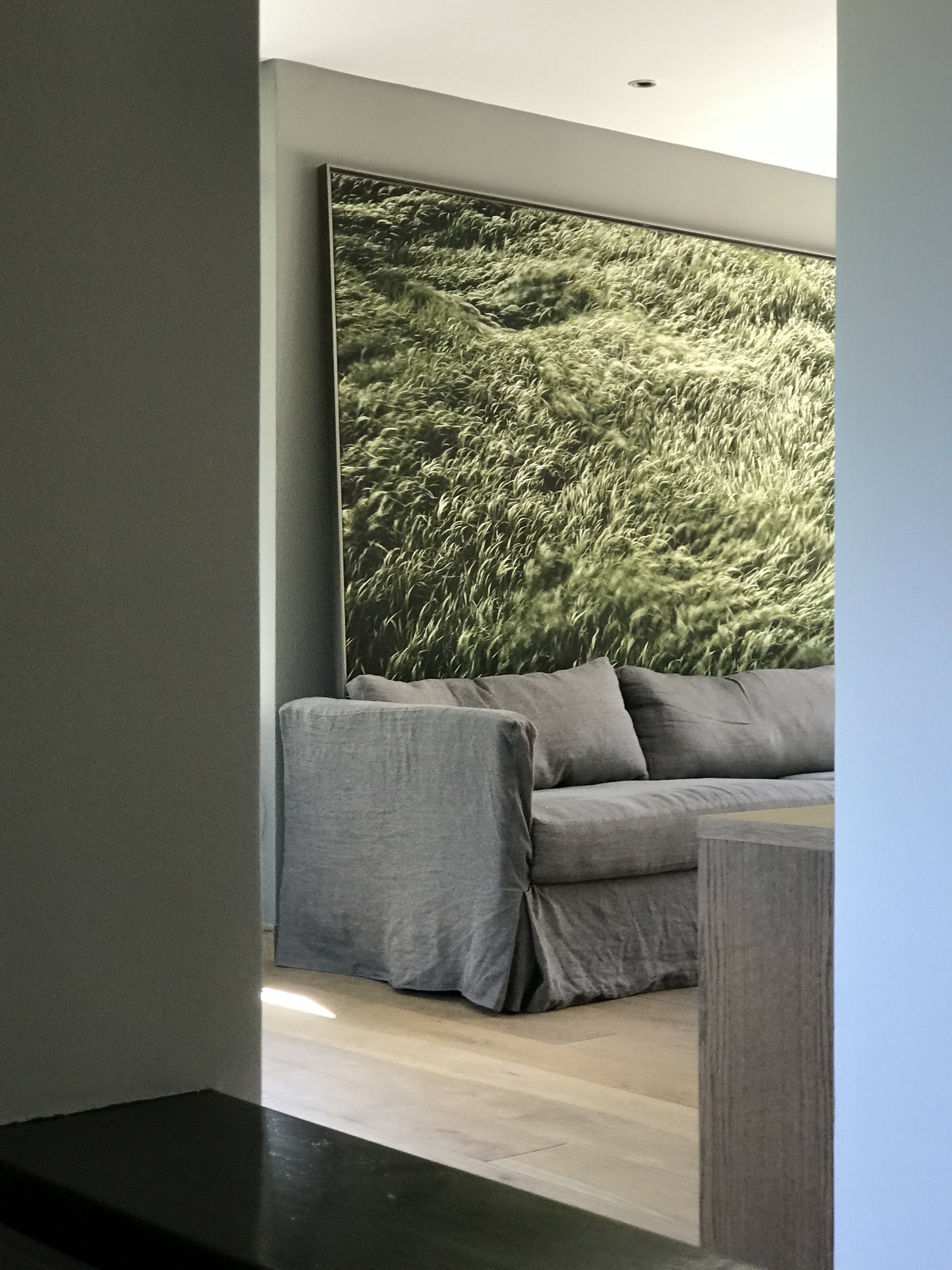 Modern living room with gray sofa and large wall art of grass field.