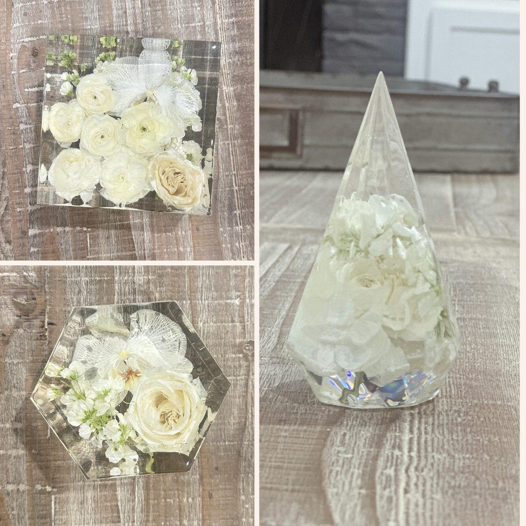 Package of resin pieces that have been made from a bridal bouquet