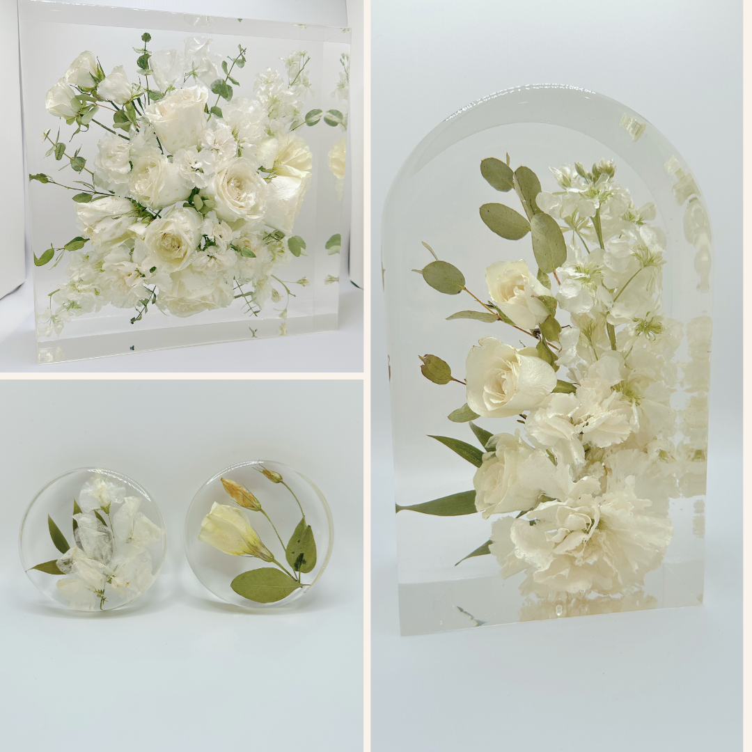 Package of resin pieces that have been made from a bridal bouquet.