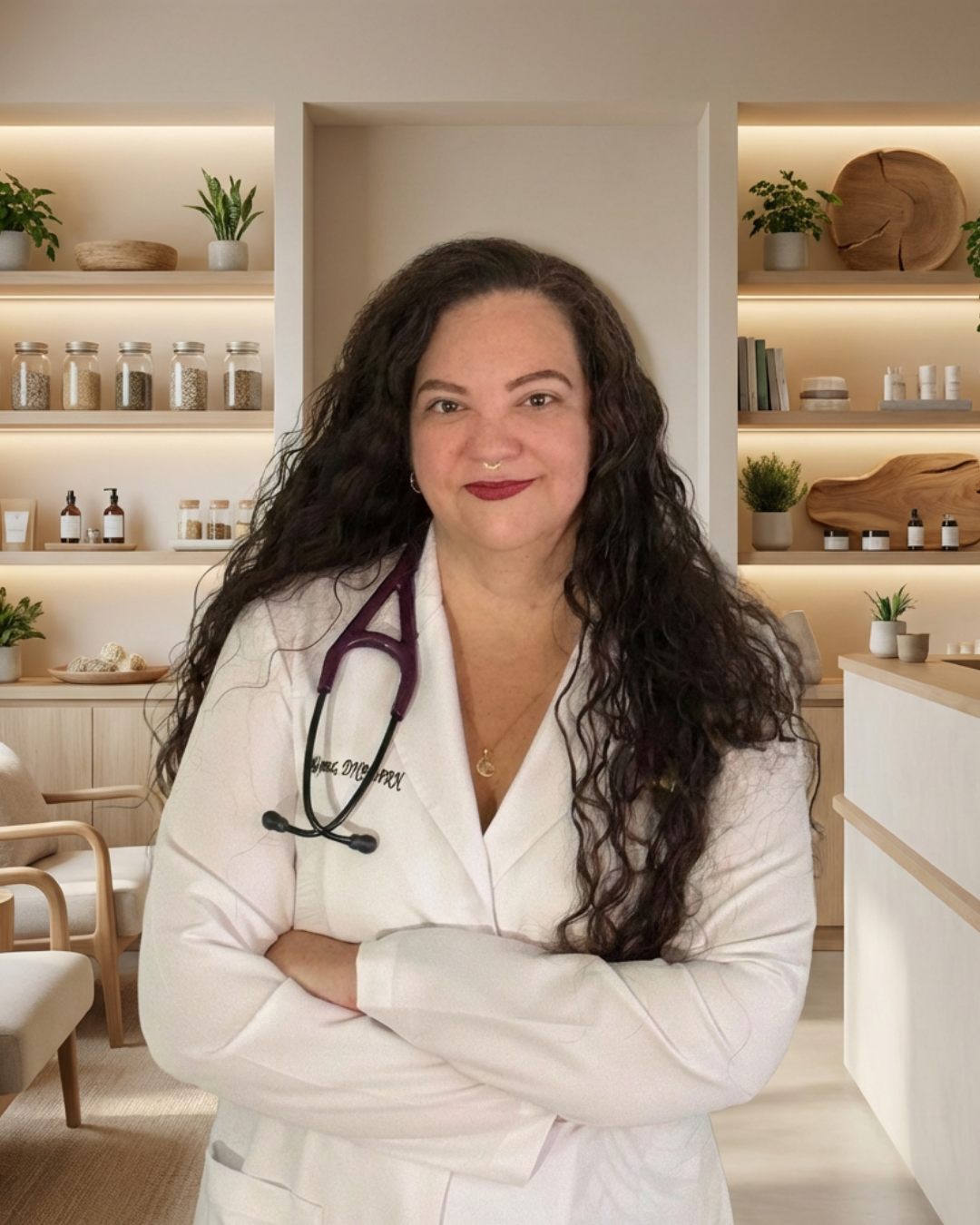 A female doctor with long curly dark hair and a stethoscope around her neck, standing in a modern, well-lit medical or wellness office with shelves of bottles, plants, and wooden decor.