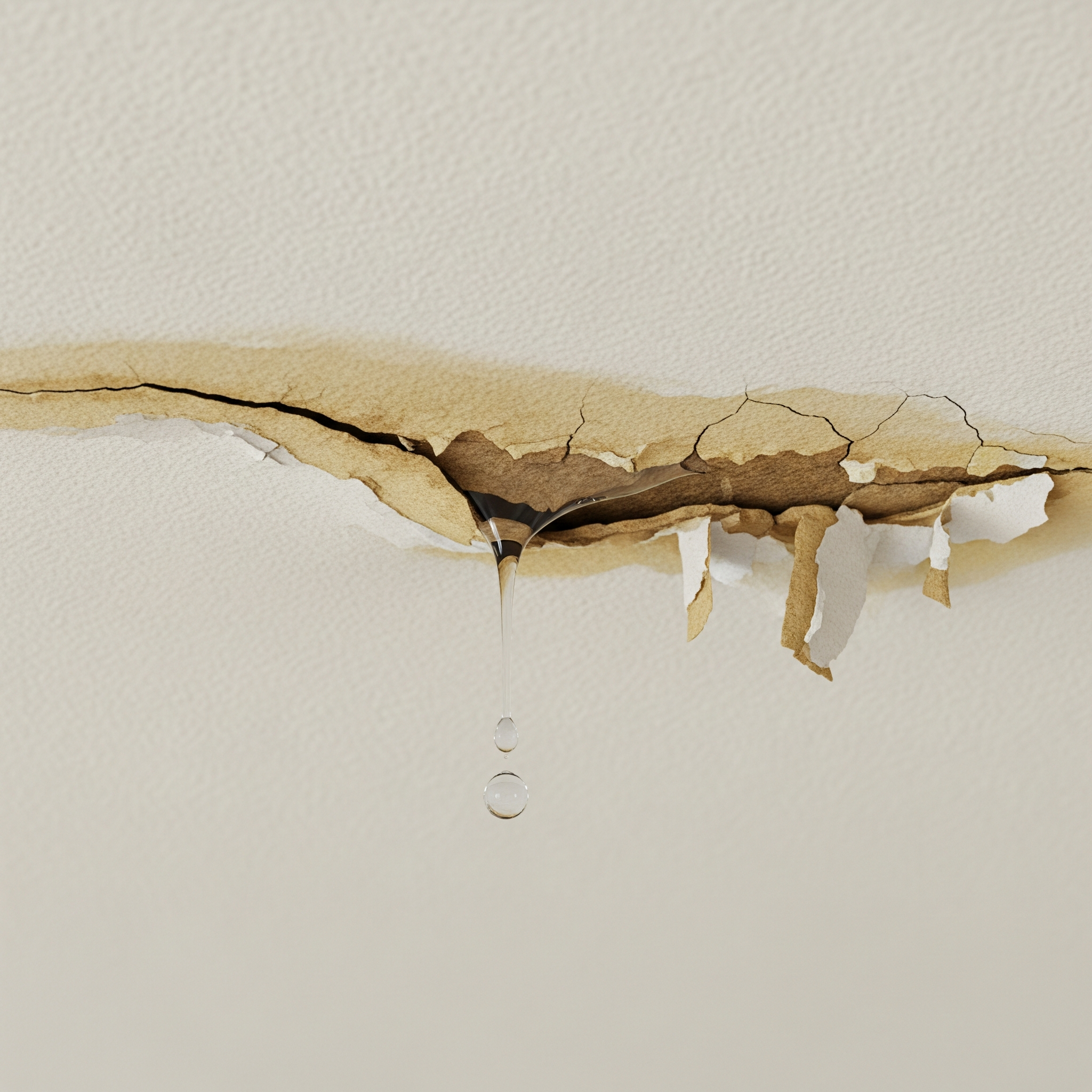 Water leaking through a torn hole in a ceiling with peeling wallpaper.