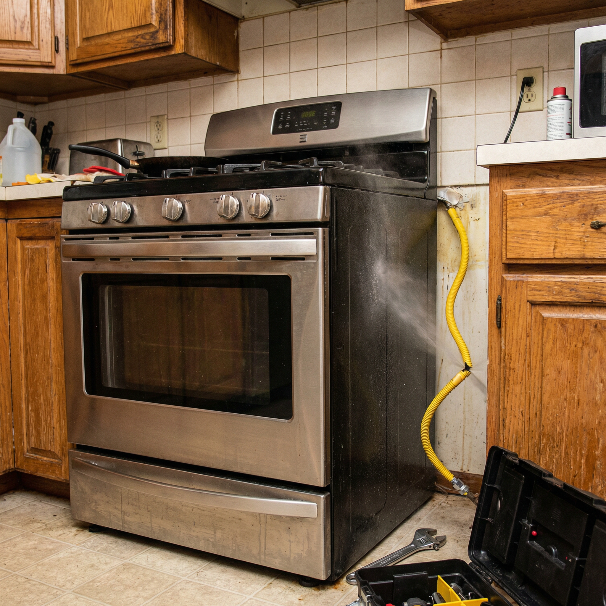 Stainless steel oven in a kitchen with brown wooden cabinets, yellow gas line connected to the oven, and items like a microwave, cleaning supplies, and tools nearby.