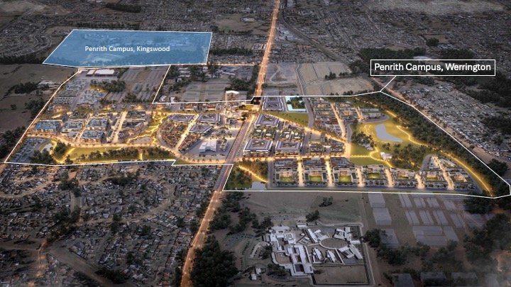 Aerial view of Penrith Campus area, highlighting Kingwood and Werrington sections at night.