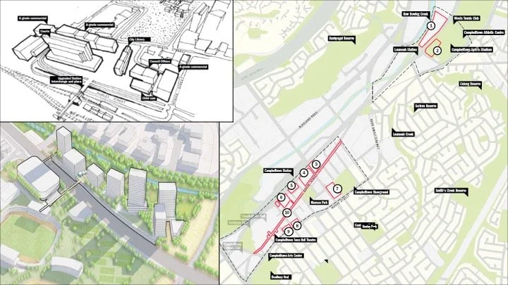 A composite image featuring architectural and urban planning illustrations. The top left shows a 3D perspective of building designs with labeled structures. The bottom left displays a 3D model of a cityscape with roads and green spaces. The right side presents a detailed map with labeled districts and landmarks, highlighting areas for development and transportation hubs.