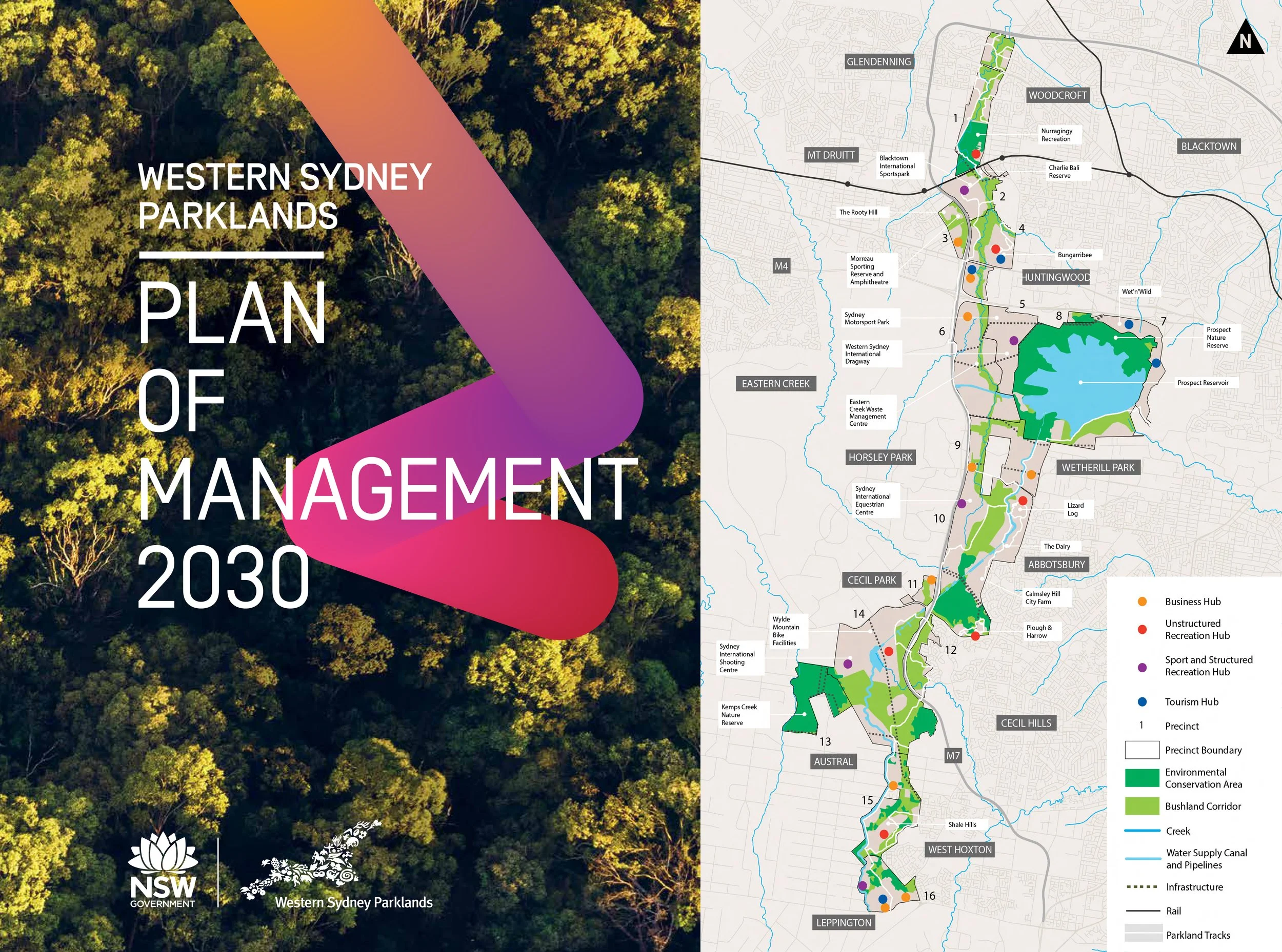 Cover and map of Western Sydney Parklands Plan of Management 2030, featuring a forest aerial view on the left and a detailed parkland map with icons and labels on the right.