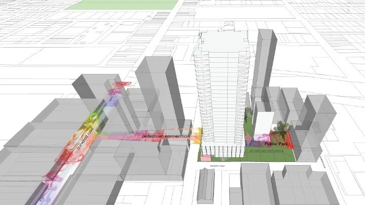 Architectural rendering of an urban development, featuring a high-rise building surrounded by smaller structures. Labeled areas include "pedestrian connection," "landscaped mews," and "public park." The layout highlights pedestrian pathways and green spaces within a city block.