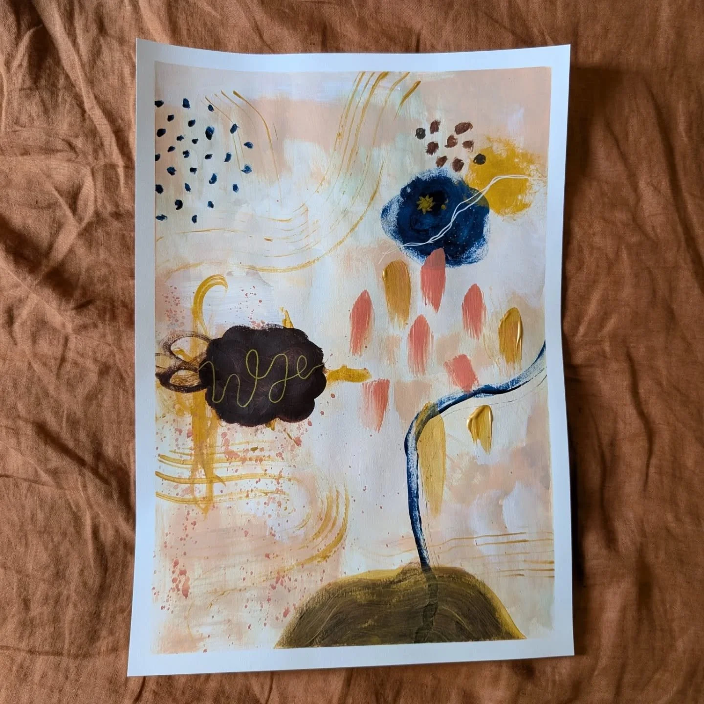 ✨ Sometimes the smallest part of a painting ends up holding the biggest truth. 

What began as an explorative abstract piece surprised me. That navy area was made by accident, yet it meant everything.

I drew in the sun, the earth, and the moon. Then