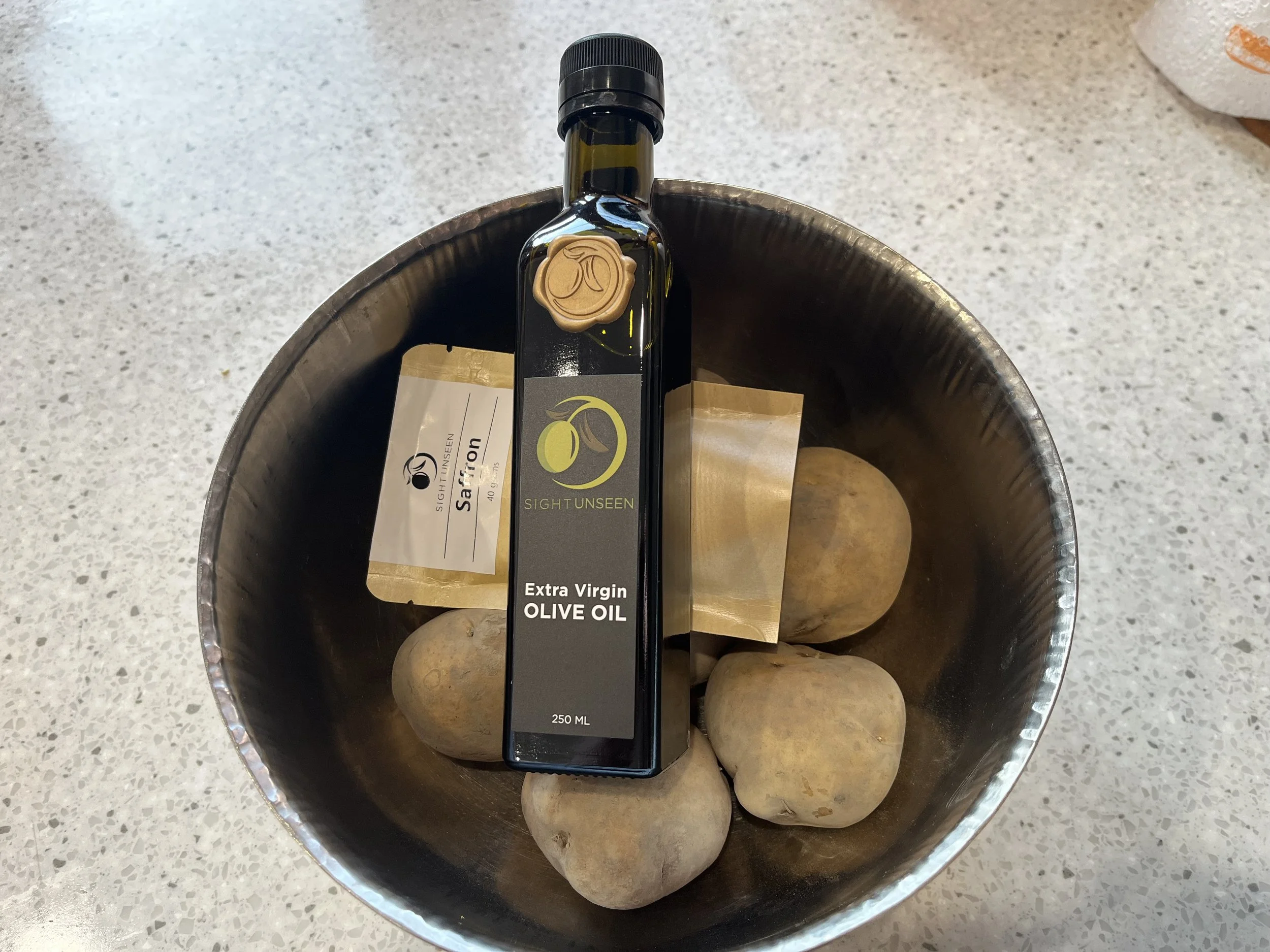 EVOO potatoes saffron salt