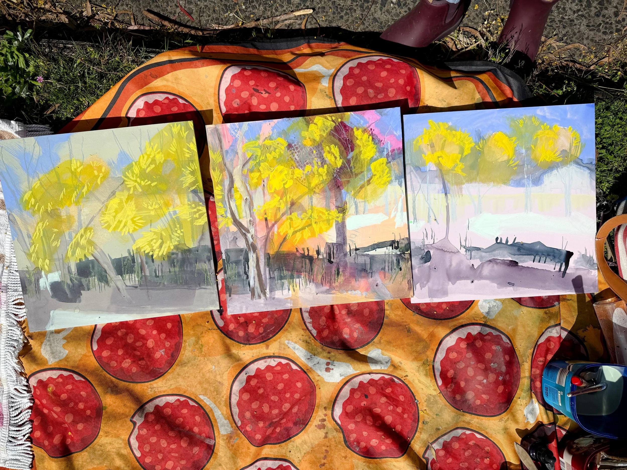 Promise in Gold, a triptych, as seen on location, in progress.
