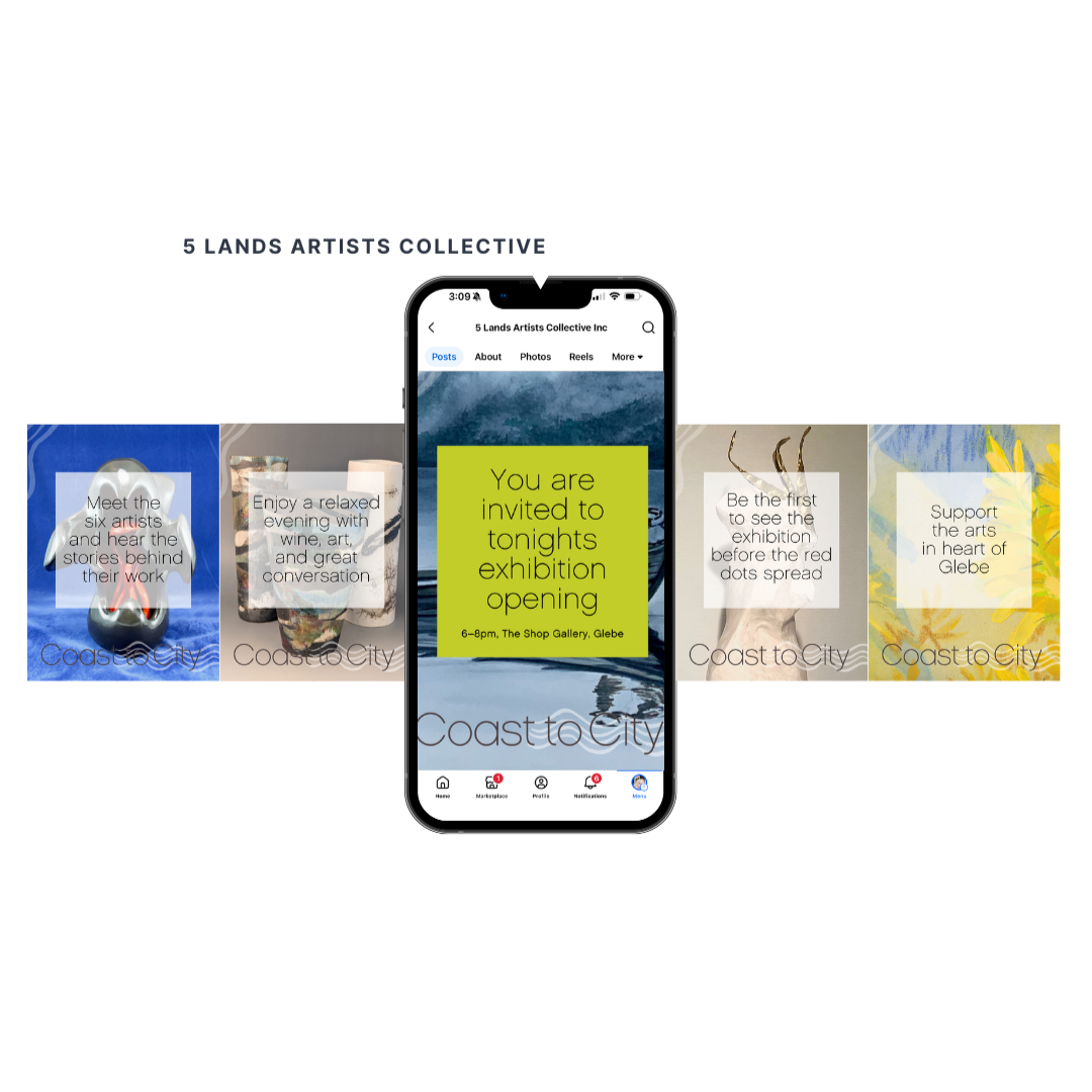A digital collage featuring a smartphone centered on an art exhibition invitation, surrounded by four smaller images of artwork and gallery scenes, with text overlays describing art events and promotions.