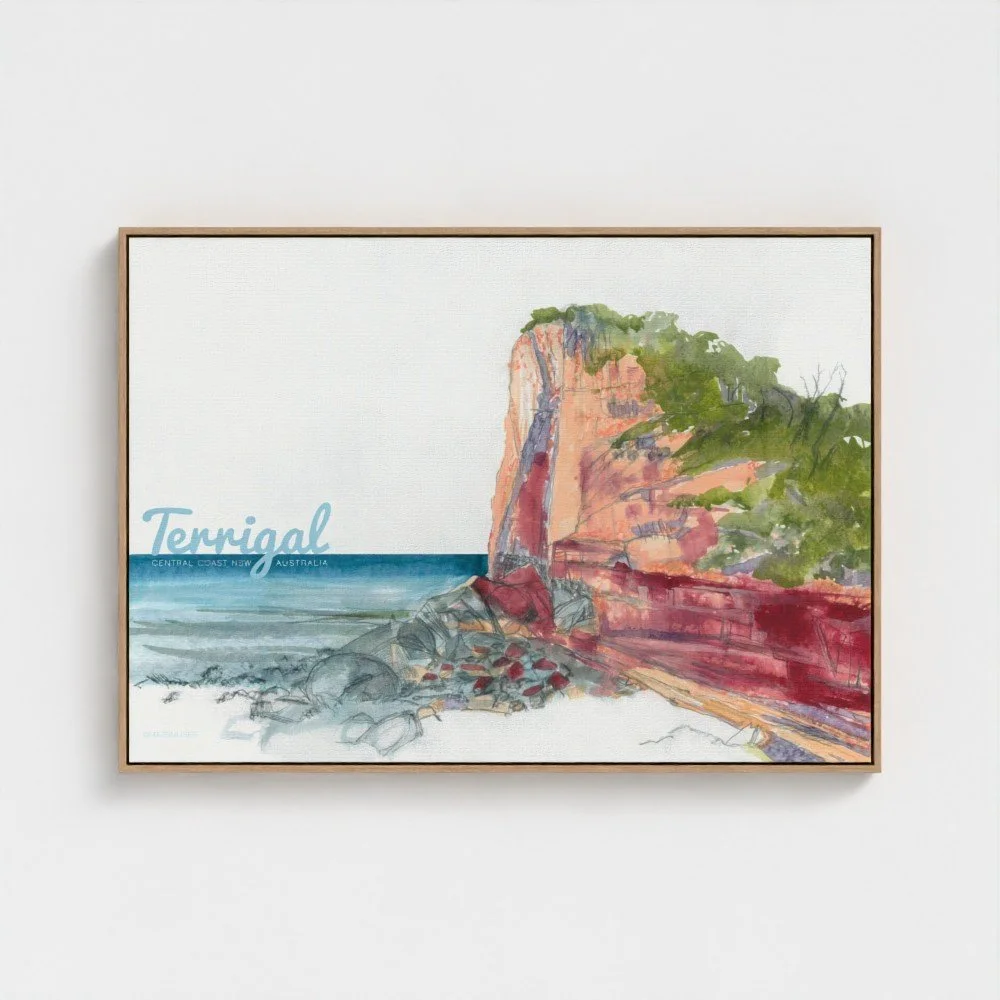 Watercolor painting of the coastline at Terrigal, Central Coast, New South Wales, Australia, featuring cliffs, a waterfall, and greenery.