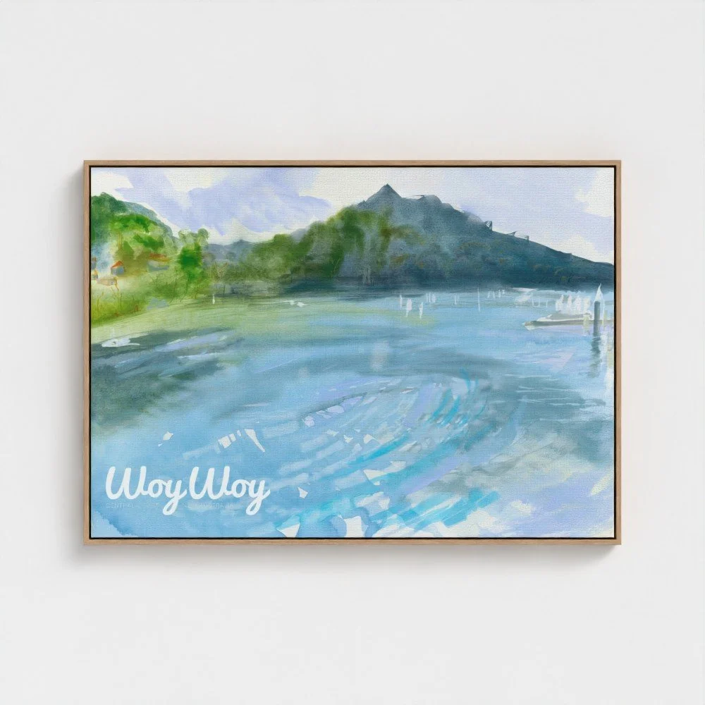 Watercolor painting of a green mountainous landscape with water and sailboats, with text 'Woy Woy' in the bottom left corner.