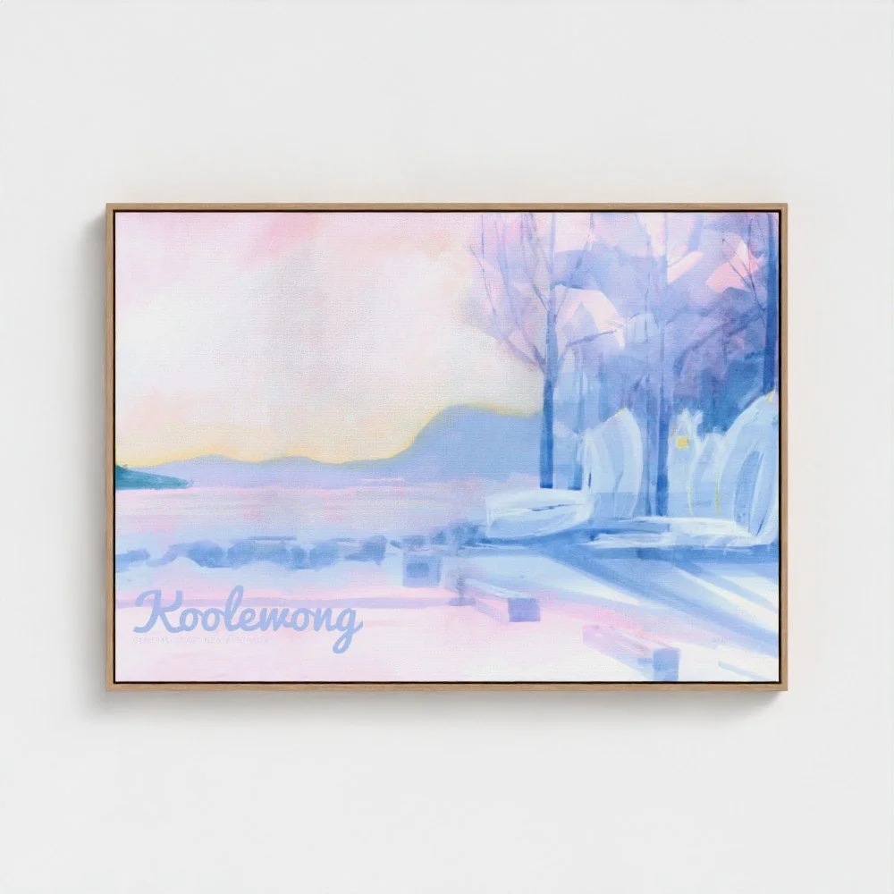 Watercolor painting of a landscape with trees, a river, and mountains, with the word 'Kooleweng' in the lower left corner.